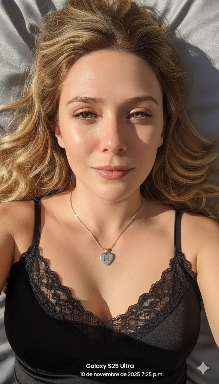 Realiza una selfie realista en plano cercano (close-up), como si se hubiese sacado con movil Samsung Galaxy S25 ultra, de la mujer que esta en la fotografía que subí, su rostro debe ser 100% original, agregando texturas en la piel, poros definidos, arrugas, y texturaen la ropa. Tomada desde un ángulo cenital (desde arriba) mientras ella está recostada. 
La mujer tiene la piel bronceada, su cabello es tal y como esta en la fotografía que subí. Está mirando directamente a la cámara con una ligera sonrisa.
Viste una camiseta de tirantes o camisola de color negro con un borde de encaje ancho en el escote. Lleva un collar de cadena plateada con un colgante en forma de corazón. El colgante parece tener grabada la letra "M".
Está recostada sobre una superficie de tela gris con un ligero brillo, como el satén o la seda de una sábana o almohada. La iluminación es brillante y cálida, pareciendo luz solar directa que entra desde la parte superior izquierda de la imagen, iluminando intensamente el lado derecho de su rostro y creando un reflejo en su mejilla. En el centro y en la parte de abajo de la fotografía una marca de agua "Galaxy S25 Ultra
10 de noviembre de 2025 7:25 p.m."