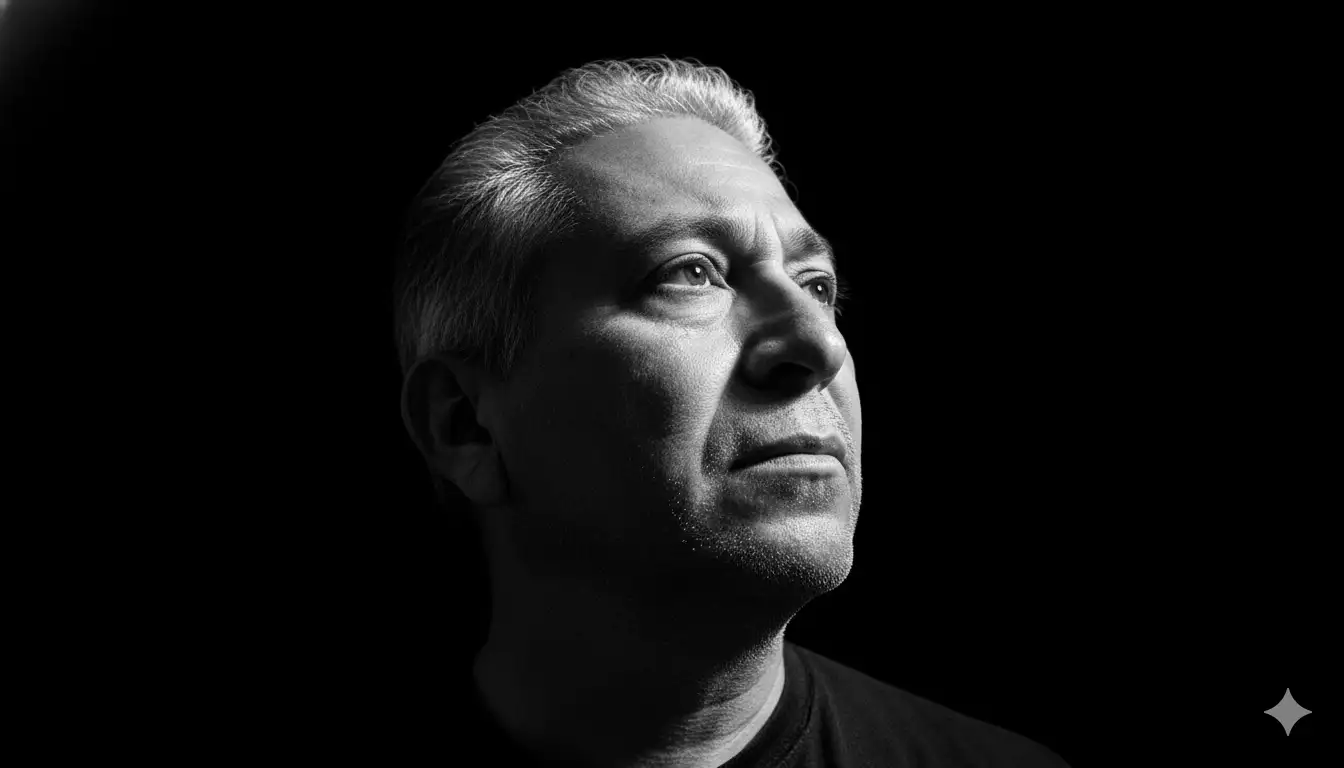 hombre de expresión complemplativa, mirando hacia arriba, la imagen es en blanco y negro, con iluminación dramática desde arriba, creando sombras llamativas que resaltan la textura de la piel y los pelos en el rostro, el fondo es completamente oscuro, aumentando el contraste y la intensidad de la escena estilo fotográfico artístico con atmósfera introspectiva y cinematográfica