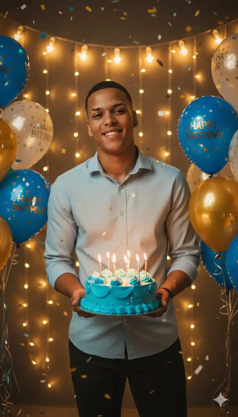 Crea una sesión fotográfica de cumpleaños cinematográfica ultrarrealista y en ultra HD de un JOVEN de 22 años (mantén su rostro original exactamente igual, no lo modifiques).
Está de pie junto a un pastel de un nivel y azul de cumpleaños decorado con velas, rodeado de globos y luces de colores.
El ambiente es festivo, con una cálida iluminación dorada y detalles cinematográficos de cámara DSLR. Asegúrate de que el rostro permanezca igual y 100% reservado.