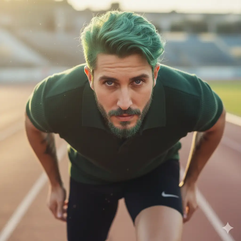 A fine art photograph captures the striking intensity of an athletic person runner (use the uploaded picture as reference for the face), golden hour light, pastel colours, on starting blocks. Deep sapphire eyes stare into camera, their hair framing determined face, with dark green clothing. Close-up, intimate composition, conveying an unspoken narrative of ambition, readiness, and resolve, soft contrast and saturation.