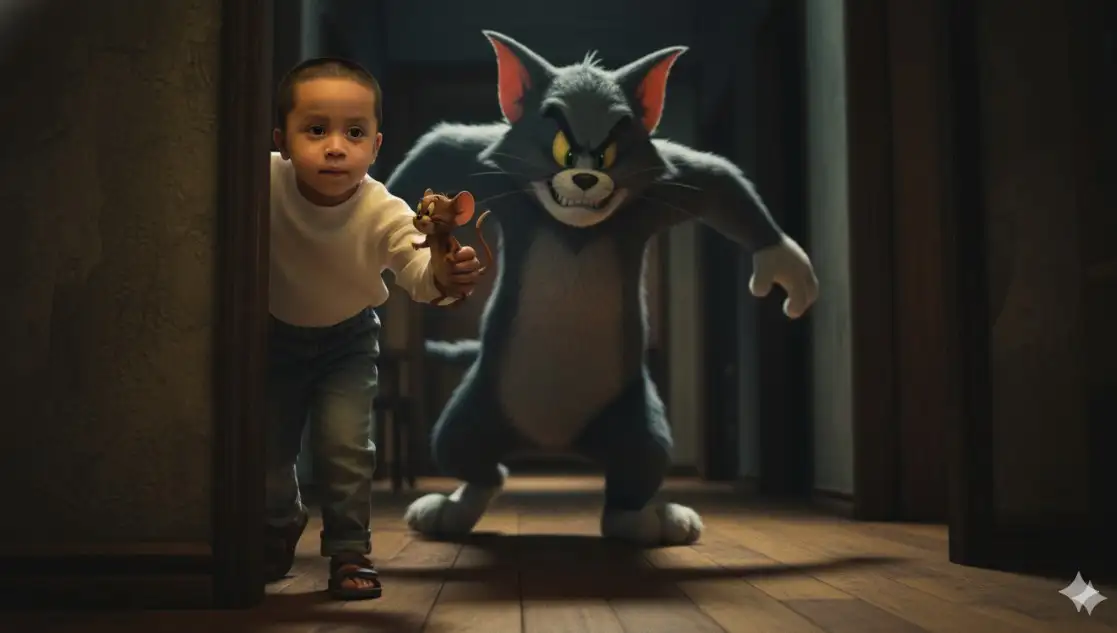 Un joven estilista. Rostro en una toma dramática e hiperrealista realista (rostro en referencia) que muestra a un hombre decidido atrapando un ratón Jerry, de pie ligeramente detrás de un hombre de aspecto feroz, en pose de Tom Cat corriendo, desde detrás de una pared. La escena se desarrolla en un interior, posiblemente un pasillo o habitación con poca luz, con suelo de madera y paredes texturizadas. La iluminación es cinematográfica, resaltando a los personajes y creando una atmósfera de anticipación o acción inminente. 8K, ultradetallada, fotorrealista.