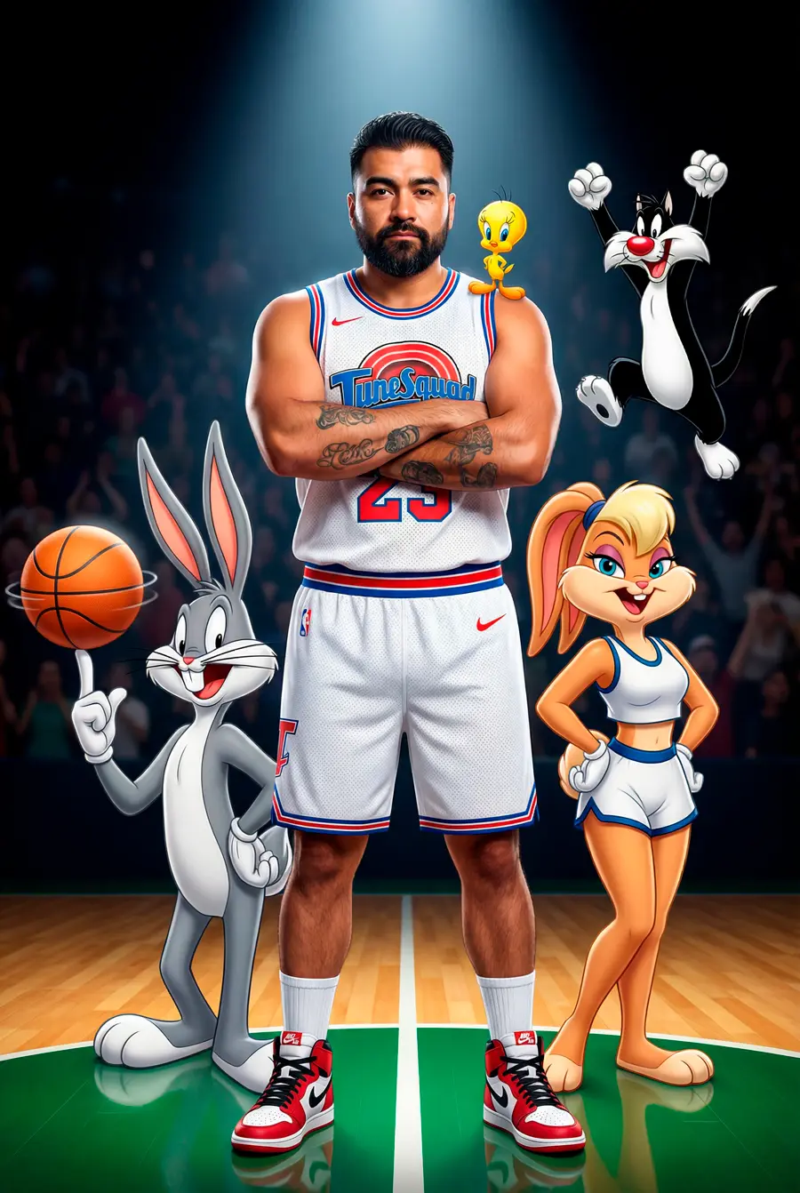 Create an ultra-realistic 8K resolution, hyper-cinematic 8K resolution, photo-realistic 8K resolution full-body photo of me (use image above) as a legendary basketball player in a white and red “Tune Squad” uniform with number 23 written on it, white and red basketball shorts, white socks and white and red jordan sneakers, standing on an ultra-realistic 8K resolution brightly lit court. Around him are ultra-realistic iconic cartoon characters: Bugs Bunny spinning a basketball, Lola Bunny posing confidently, Tweety perched on his shoulder, and Sylvester jumping and cheering in excitement. The crowd in the background is ultra-realistic 8K resolution dark, with the 8K resolution spotlight focusing on the team. The atmosphere is ultra-dynamic, fun, and nostalgic, blending realism with cartoon animation, in the style of intense-action basketball vibe.