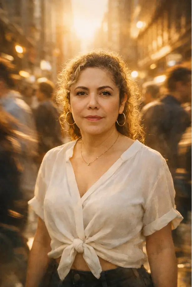 A young woman with soft, wavy blonde hair stands still in the middle of a crowded urban street. She faces the
camera directly with a calm, confident expression. The
crowd around her is in motion, blurred with dynamic
streaks of light to emphasize movement and anonymity.
Warm golden sunlight streams between tall buildings,
creating a dreamy, atmospheric glow. The scene feels
introspective and cinematic, with a shallow depth of field, soft focus, and gentle haze.The woman wears a light, elegant blouse tied at the waist, contrasting with the darker, indistinct figures around her. High-detail, dramatic lighting, film-style color grading, bokeh, ethereal mood.