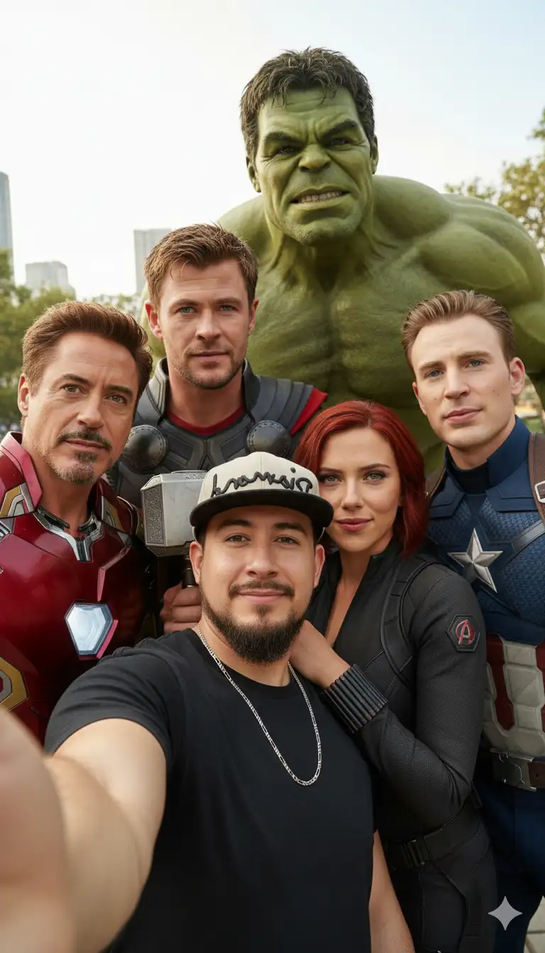 Crea una selfie grupal cinematográfica vertical 8K ultrarrealista con el usuario en el centro (usa la imagen de referencia proporcionada; conserva al 100 % los rasgos faciales, proporciones, tono de piel, cabello y expresión natural del usuario, sin alteraciones ni estilizaciones).
El usuario toma la selfie, respetando la distancia de un brazo, tomando una selfie real.
Rodeando al usuario de cerca están Los Vengadores, todos mirando directamente a la cámara
• Iron Man con su icónica armadura roja y dorada
• Hulk, enorme pero sonriendo con naturalidad
• Capitán América (Chris Evans)
• Thor (Chris Hemsworth, sosteniendo el Mjölnir con naturalidad)
• Viuda Negra (Scarlett Johansson), de pie junto al usuario con las manos sobre sus hombros.
Todos sonríen, relajados y posan de forma informal como verdaderos amigos, inclinándose con naturalidad hacia el encuadre. Iluminación: Luz diurna brillante, tonos cinematográficos, sombras naturales, colores vibrantes.
Estilo: Hiperdetallado, fotorrealista, encuadre vertical 8K (9:16), perfecto para TikTok/Reels.
Composición: Primer plano, estilo selfie, con el usuario en el centro y la mano de Black Widow claramente sobre su hombro.