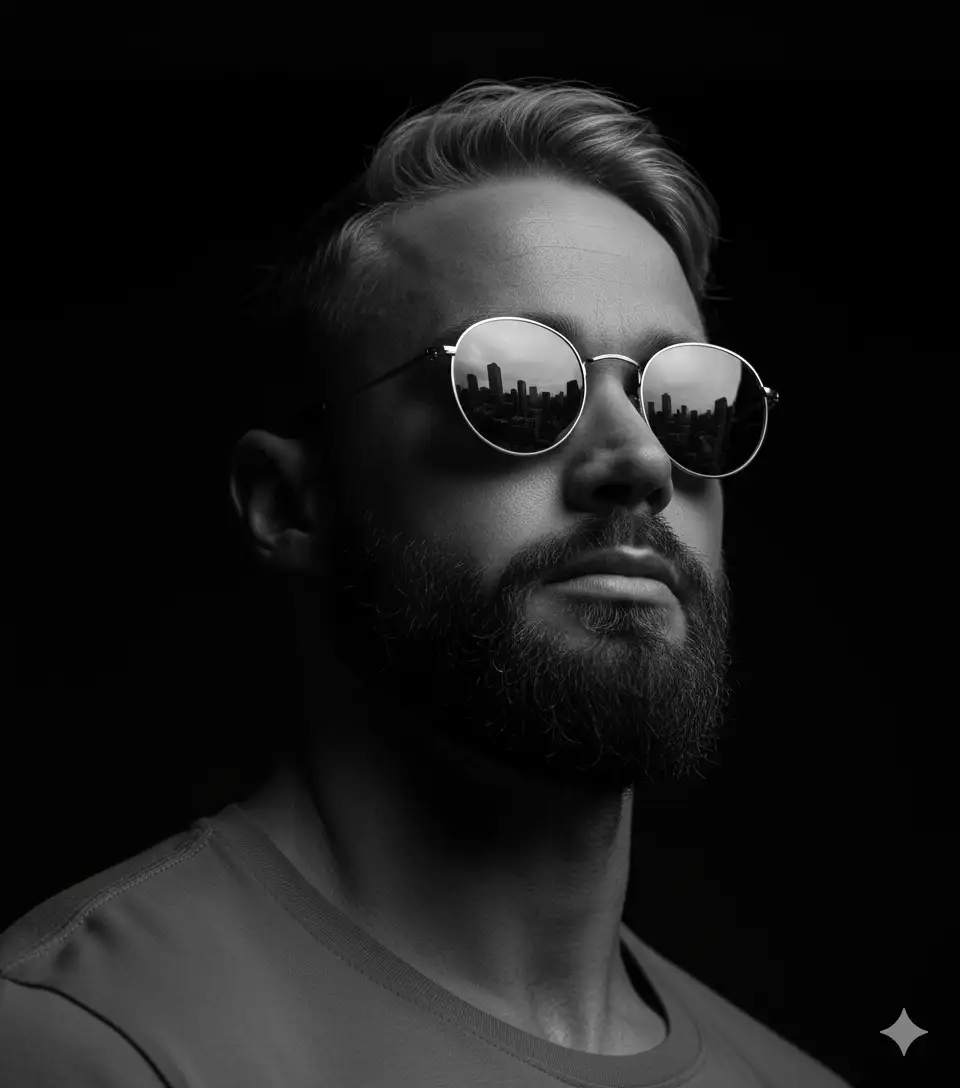 Dramatic, ultra-realistic close-up in black and white with high-contrast cinematic lighting from the side, highlighting the contours of his face and beard, casting deep shadows. He wears round, reflective sunglasses. He gazes confidently upward into a dark void. The sunglasses reflect a city's towering skyline. The atmosphere is mysterious with a minimalist black background. Details in 4K. Keep the subject's exact facial structure, hair texture, the original photo.