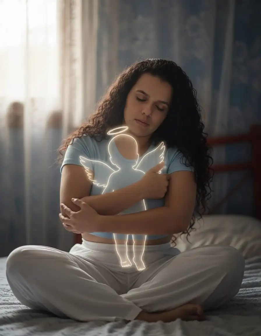 Manten el rostro sin cambiarlo y sin modificarlo 

Blusa celeste corta
Pantalón blanco 
Aquí aparece una mujer sentada en posición de loto, con el cabello suelto y los ojos cerrados, transmitiendo serenidad y tristeza a la vez. Ella abraza con fuerza la silueta transparente de un ángel-bebé, que representa al hijo que ya no está físicamente. La imagen refleja ese lazo inquebrantable de una madre con su hijo ausente, mostrando que aunque no pueda tenerlo en brazos en este mundo, lo lleva en su corazón y lo abraza con el alma.