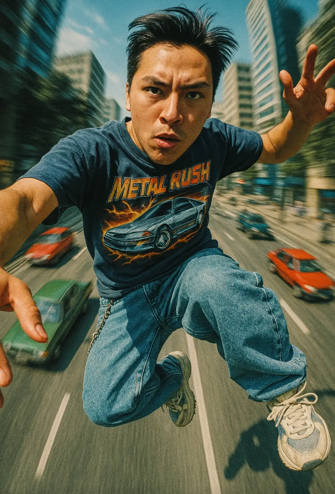 Te paso la foto de mi cara para que uses este prompt para crear una imagen

PROMPT:
Surreal Y2K-style action shot of a young man mid-air in a dramatic leap, overhead fisheye view. He wears a vintage graphic tee, baggy jeans with a chain, and chunky sneakers. Windswept hair, stylized city blur below with retro cars and pedestrians. Bright daylight, high contrast, grainy like a 2001 skate game frame.