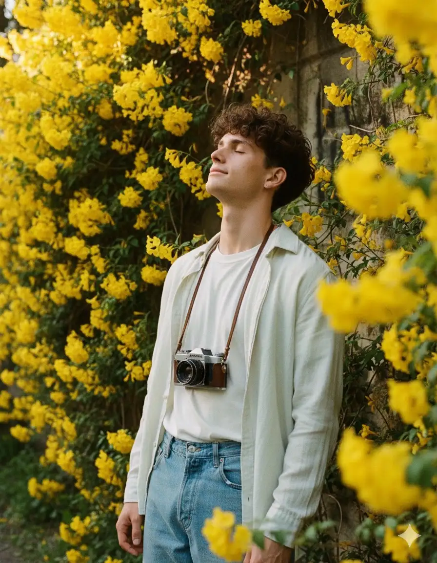 A 35mm film editorial style photograph of the uploaded young man [reference image], standing outdoors next to a wall covered in blooming yellow flowers. He is wearing a relaxed, casual outfit: a light button-up shirt layered over a plain white tee, paired with loose denim jeans for a timeless and effortless vibe. A vintage camera hangs from a strap around his neck, resting naturally against his chest.
His head is tilted slightly upward with his eyes closed, his face turned towards the sky, as soft sunlight filters through the surrounding yellow flowers. The scene is filled with natural light with gentle highlights and shadows, creating a calm and dreamy atmosphere. The composition emphasizes the abundance of flowers in the foreground and background, with a shallow depth of field and subtle film grain for added realism. —ar 2:3 —v 6 —style raw —no text, watermark, distortion —use reference image for face