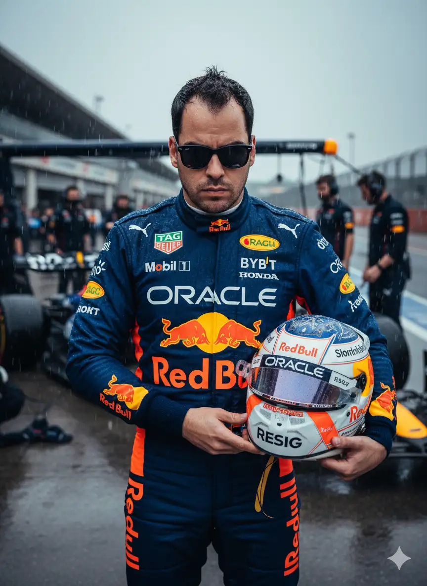 Crea un retrato hiperrealista en 4K basado en la imagen adjunta, detallando los rasgos faciales y las expresiones de un piloto profesional de Fórmula 1, posicionado con seguridad en la calle de boxes con un día nublado. Viste un mono azul vibrante y detallado con texturas de tela realistas y logotipos de patrocinadores cosidos, como oracle , Mobil 1, red bull, UBS, Ignify, el logotipo de . "Incluye a todos los patrocinadores de Red Bull y crea el uniforme y el casco, detallados y completamente idénticos al original de 2025". Su mano derecha sostiene un brillante casco de F1 con rayas rojas  y azules. Detrás de él, un clásico Red Bull F1 azul y naranja, idéntico al original, junto con miembros del equipo con uniformes negros. El piloto tiene una expresión neutra, exactamente como en la foto, con emoción y determinación en la mirada, una sutil tensión en las cejas y una mandíbula definida. Una iluminación dramática realza la atmósfera con reflejos sobre el asfalto mojado, poca profundidad de campo y un ambiente lluvioso. Está lloviendo.  Muestra los detalles de la lluvia cayendo sobre mi cara, cuerpo, uniforme y casco. Crea tonos de piel nítidos, cinematográficos y fotorrealistas para la lluvia. Iluminación de estudio, enfoque ultranítido, texturas ultradetalladas, efecto de lente de 85 mm, composición simétrica, estilo fotográfico de alto rango dinámico. El conductor lleva gafas de sol negras de lujo con lentes completamente oscuras. Mantiene la misma expresión facial. [El hombre gira la cara ligeramente hacia abajo, como si mirara el casco, espontáneamente]. Adjunto una foto del hombre que quiero en la foto y otra del casco de Mercedes-Benz. ¡Usa esta como base y haz lo mismo, por favor! Muestra claramente los detalles de la lluvia sobre el hombre. Sin auriculares, quítatelos.