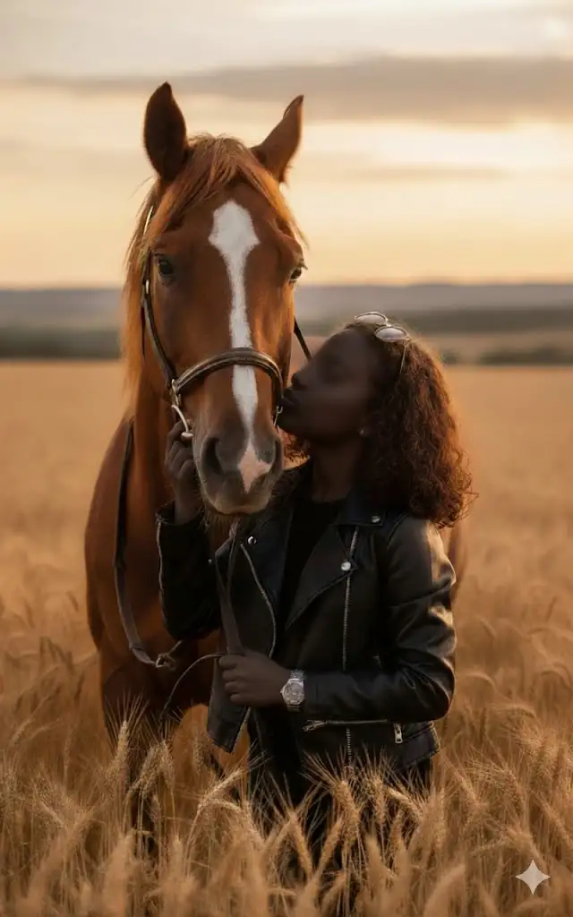Retrato cinematográfico hiperrealista de 9:16 basado en la imagen subida, que conserva el mismo rostro y peinado. UNA elegante NIÑA entre 7 a 10 años, con chaqueta de cuero negra, camiseta negra, gafas de sol y reloj de pulsera, se encuentra de pie en un campo de trigo dorado al atardecer, besando suavemente a un caballo marrón con una marca blanca en la frente. LA NIÑA sujeta las riendas del caballo con una mano mientras coloca la otra suavemente sobre su rostro, mostrando afecto y vínculo. La cálida luz dorada del sol brilla de fondo con nubes tenues y colinas distantes. Atmósfera cinematográfica ultrarrealista en 8K, iluminación dramática, retrato emotivo y estético, estilo profesional de fotografía de moda, alto nivel de detalle, textura natural de piel y cabello, y profundidad de campo.