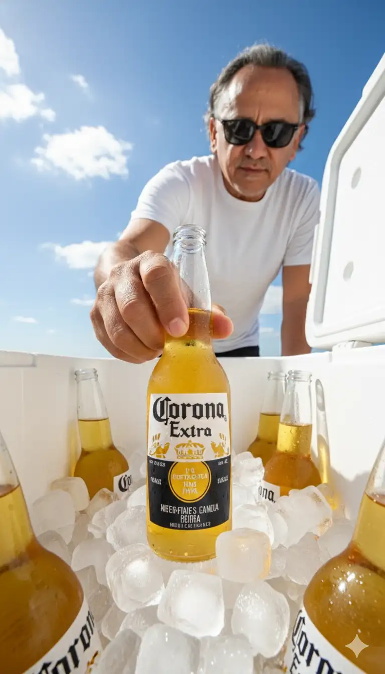 Crea una imagen hiperrealista. Sin modificar mi rostro, fotografía publicitaria hiperrealista, capturada desde el interior de una hielera blanca llena de hielo y botellas de cerveza "corona" de cuello largo. La perspectiva debe ser en primera persona, como si la cámara estuviera colocada en el fondo de la hielera, mirando hacia arriba, mientras un hombre (adjunto la foto) está a punto de agarrar una de las botellas. La botella de Stella Artois ocupa un lugar destacado, sostenida firmemente por la mano del hombre, que se ve ligeramente en perspectiva gran angular, creando un efecto inmersivo y dinámico.
👤 Personaje:
El hombre con camisa blanca y gafas de sol. Está al aire libre en un día soleado, con un cielo azul y algunas nubes esponjosas visibles al fondo.
🎨 Estilo fotográfico:
Estilo comercial y publicitario, con una estética vibrante y limpia. Composición audaz y creativa con un objetivo gran angular u ojo de pez para exagerar la profundidad y la proximidad de los elementos. 💡 Iluminación:
Intensa luz natural de mediodía. La luz solar directa proyecta vívidos reflejos sobre las botellas, creando brillos realistas en el hielo y las superficies húmedas. Las sombras son suaves, reforzando la sensación de un día cálido y despejado.
🧊 Texturas:
Las botellas están cubiertas de gotas de condensación, lo que realza su frescura. El hielo tiene una textura translúcida e irregular. La superficie interior de la hielera es de plástico blanco con una ligera textura mate. Las agujas presentan detalles visibles de poros y pliegues, lo que realza el realismo.
🔍 Enfoque y profundidad:
Un enfoque nítido en la botella central que se extrae, con un ligero desenfoque en las botellas del fondo y los bordes de la hielera, creando profundidad y dirigiendo la mirada al centro de la acción.
🌤️Ambiente general:
Refrescante, enérgico y veraniego. Transmite una sensación de calidez, sed y el placer de beber una bebida fría. Su ambiente relajado y vibrante es ideal para las campañas de verano.
