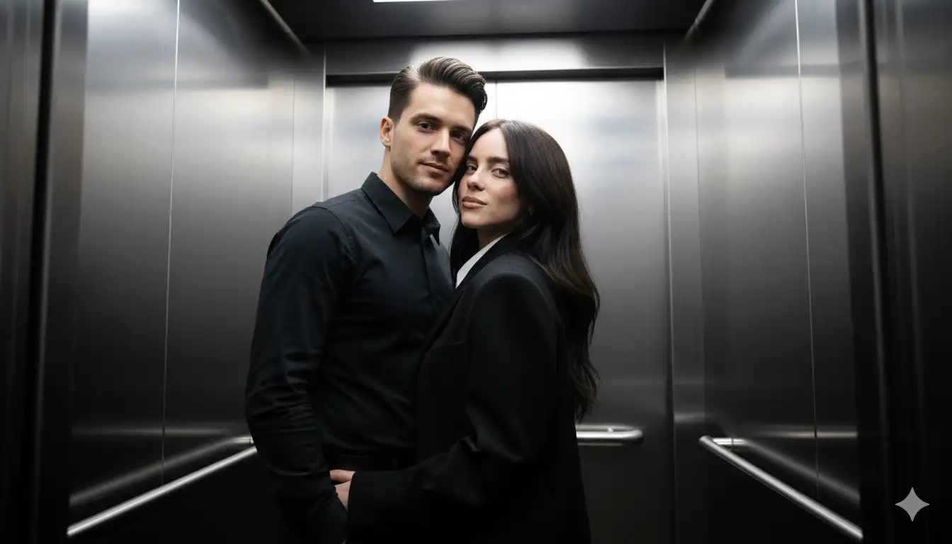 Two people in the images, in a romantic pose inside a brushed stainless-steel elevator, standing close with intimate body language, gazing affectionately toward the camera; shot from a 45° angled perspective looking upward, creating a dynamic and cinematic sense of depth; composition highlights reflections on metallic walls, strong diagonal lines, and glossy surfaces; illuminated with hard on-camera flash for crisp shadows, high-contrast textures, and bright highlights, giving a raw, fashion-inspired look; captured on a full-frame mirrorless camera; post-processing: enhance metallic shine, slight vignette, contrast +12, clarity +15, sharpening 70, remove logos/text; do not change facial features.