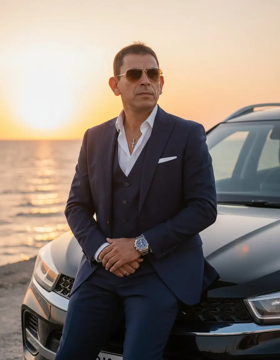 Usa el 100% de la cara arriba de la foto cargada. 
Retrato de estilo de vida 8K ultra detallado, relación 3: 2, lente DSLR de 50 mm. El sujeto se sienta en el capó de un camioneta tiggo 2 pro color negro,  junto al mar al atardecer. Lleva un traje azul marino, chaqueta desabrochada, chaleco entallado, camisa blanca nítida abierta en el cuello. Un reloj plateado brilla bajo la luz dorada; sus gafas de sol tienen un suave tinte ámbar. añadir en el cuello un collar con un crucifijo metálico de plata (un corpus de Jesús en la cruz de tamaño muy pequeño). El viento agita su cabello corte militar y el horizonte brilla naranja detrás de él. 
Iluminación: hora dorada con reflejos marinos. 
Estado anímico: éxito contemplativo, calma cinematográfica después de la victoria.