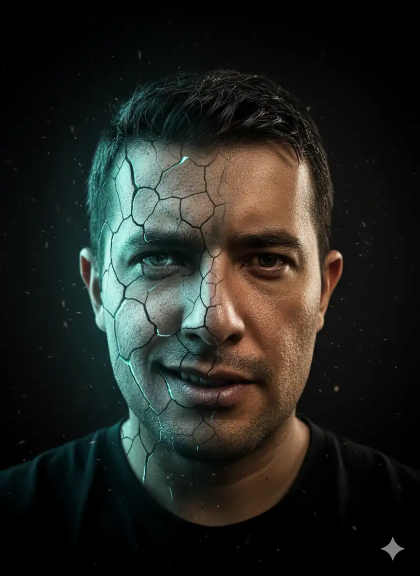 Retrato hiperrealista de mí con una expresión intensa, piel luminosa, en un entorno oscuro con una iluminación dramática. La mitad de mi cara esta agrietada como una estatua vieja; la mitad de la cara  que esta agrietada tiene una sonriza y mirada  lujuriosa,  entre las grietas hay un leve resplandor color azul aguamarina. La otra mitad de mi cara es claramente visible, con el cabello mojado y la mirada penetrante.

Un fondo oscuro con un destello de ceniza flotante. Estilo cinematográfico con una atmósfera misteriosa y emotiva, calidad 4K, fuerte contraste y un tono simbólico sobre la fuerza, conservar rostro de la foto sin alterar el mismo.