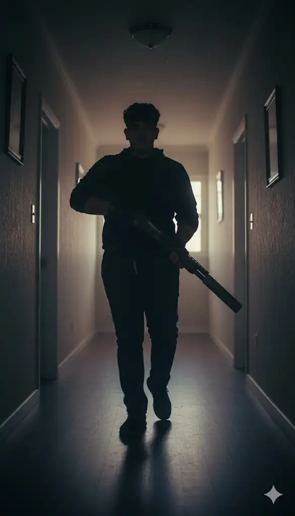 Haz a este chico caminando en un pasillo de una casa el pasillo debe ser casi oscuro que la unica fuente de luz sea la luz de afuera proveniente de una ventana y que tenga una escopeta Remigton 870 con un silenciador gris en las manos casi apuntando el arma y que tenga unos guantes negros