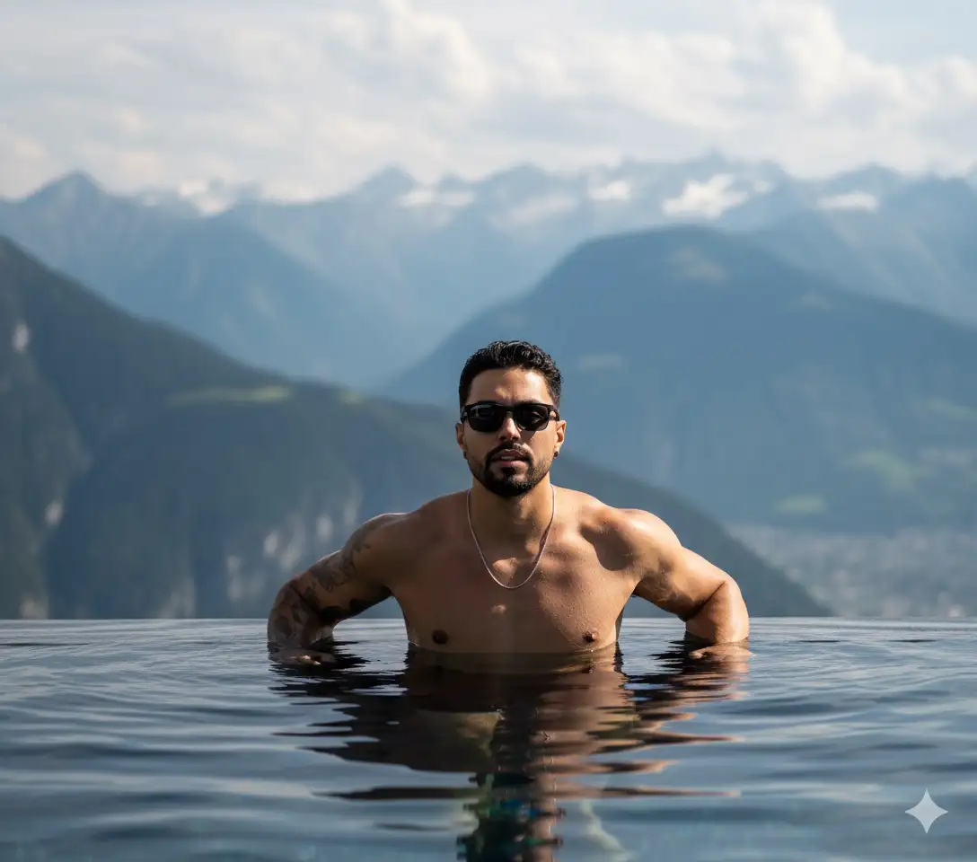 @Webert Vieira: Fotografia cinematográfica de estilo de vida usando o homem da foto como modelo, uma foto de alta costura e aspiracional de um jovem bonito e atlético. Ele está usando óculos esportivos e uma fina corrente prateada, relaxando na beira de uma luxuosa piscina infinita na cobertura, com água até o peito e o cabelo levemente molhado. O fundo é uma paisagem montanhosa moderna, vasta, extensa e enevoada, com picos nevados, criando um belo efeito bokeh. A iluminação é forte, com luz solar direta, projetando reflexos nítidos em sua pele e criando ondulações na água azul-escura. O clima geral é de luxo, sucesso e tranquilidade. Detalhes fotorrealistas com detalhes nítidos sobre o objeto. Resolução 8K, hiper-realista, FHD.
--Ar 9:16 --estilo bruto
--em 6.0