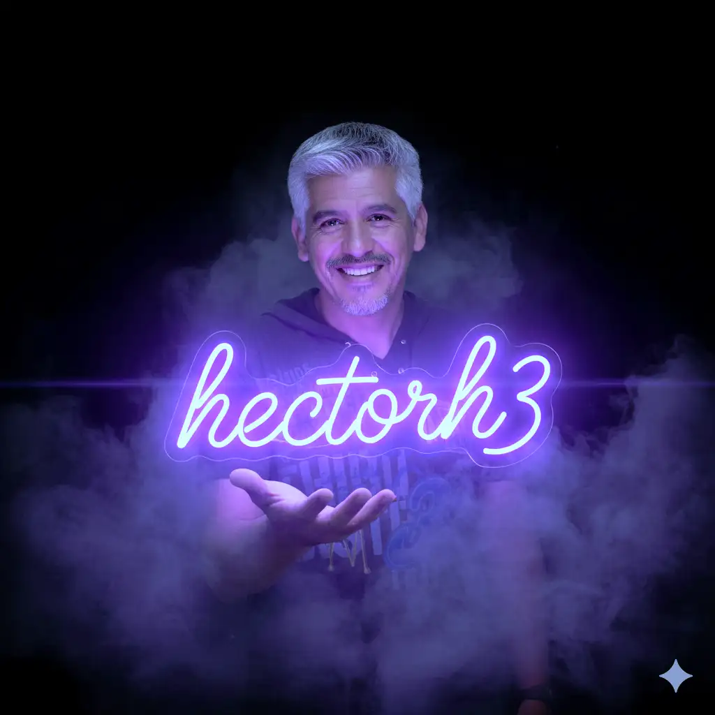 Ultra-realistic cinematic movie poster in large format. The uploaded person (use the attached image for the face with 99.9% accuracy, keeping every detail faithful) stands at the center, preserving their exact face but smiling, body shape, silhouette, hair, skin tone, and texture unchanged. Deep black background with dramatic, high-contrast lighting. In the palm of their left hand, they hold a floating violet neon sign with the word hectorh3 in artistic cursive style, glowing as the main visual focus. 
Thick artistic smoke surrounds the scene, illuminated by violet light beams creating cinematic reflections on the skin and atmosphere. Wide composition with an epic, movie-poster, advertising style.