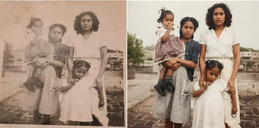 "Recreación ultra realista de una antigua fotografía vintage, conservando el mismo rostro original (99% de parecido, sin alteraciones). Transformada en un retrato digital moderno de alta calidad con colores vibrantes y actualizados, texturas de piel suaves y realistas, e iluminación natural, Mantén el rostro sin cambiarlo y sin modificarlo."