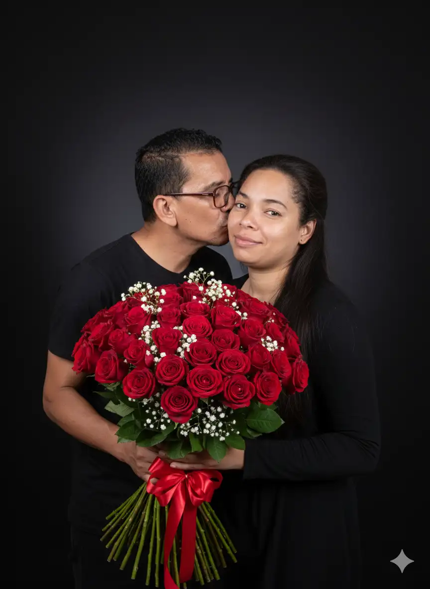 Create a highly realistic couple’s photo shoot in a professional studio with a black background and soft lighting, ensuring a subtle shadow on the background to add depth. The man, wearing a plain black t-shirt and with short, neatly styled hair, is kissing the woman on the cheek, his face partially obscured by hers. The woman, dressed in a black long-sleeve shirt with long, straight black hair styled exactly as in the reference photo, is smiling gently towards the camera. Her facial features, expression, and hairstyle must remain exactly the same as in the original image, with no changes to her face or hair. She holds a large bouquet of vibrant red roses, about 50 to 70 flowers, with delicate white baby's breath and tied with a red ribbon. The image should look as realistic as possible, capturing the intimate and romantic mood of the couple, with high attention to detail in their expressions, the flowers, and the overall aesthetic.