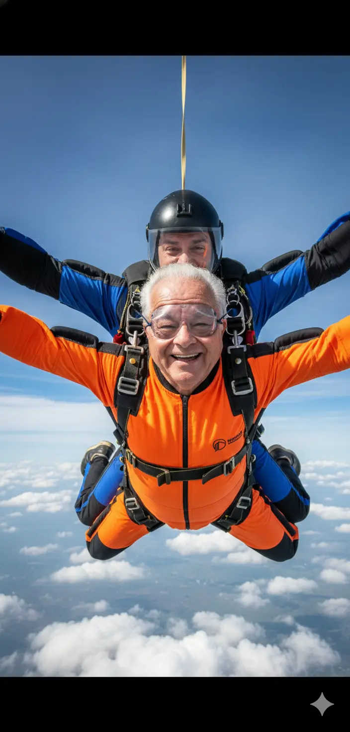 En la imagen, un crea una fotografía hiperrealista y cinematográfica en HD 8k formato 9:16 en la que se ve a un hombre mayor (imagen 1) usando lentes de seguridad y que está sonriendo y mirando a la cámara mientras se lanza en paracaídas tándem con un instructor. Ambos tienen los brazos extendidos y están sobre un fondo de cielo azul claro con nubes blancas dispersas, sugiriendo una gran altura. El hombre que lleva un traje de paracaidismo color naranja y negro, mientras que el instructor lleva un traje azul y negro con un casco. La escena irradia alegría y emoción.
Crea la imagen manteniendo completamente íntegros todos los rasgos físicos y corporales del rostro de la foto adjunta.