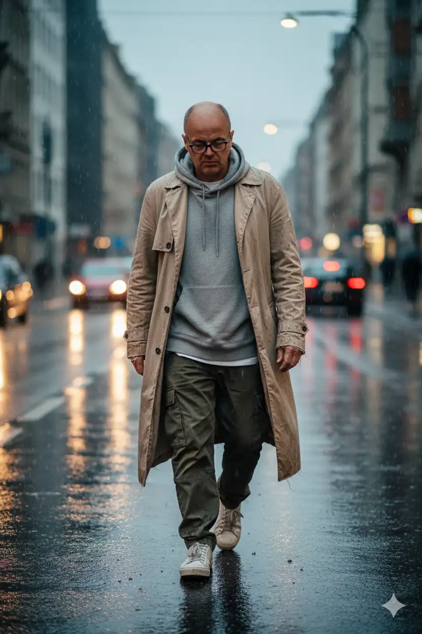 Ultra-realistic cinematic street photo of a man walking alone down a rainy city street, wearing layered neutral-tone streetwear: oversized hoodie, long distressed trench coat, loose cargo pants, and worn sneakers. The atmosphere is cold and moody, with reflections on wet pavement and cars blurred in the background. The lighting is overcast, soft and diffused, creating a melancholic cinematic look reminiscent of a post-apocalyptic fashion scene.
Captured in 4K, Leica SL2 + 50mm Summilux f/1.4 lens, vertical 3:4 aspect ratio, shallow depth of field, soft film grain, editorial street fashion photography.