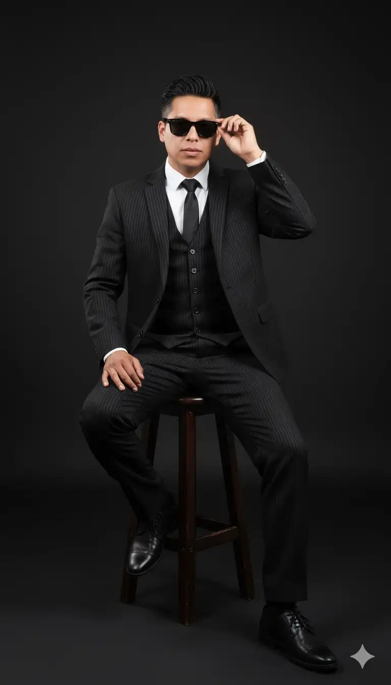 Crea un retrato hiperrealista de un joven apuesto con el rostro 100% visible en la foto subida. Tiene un elegante peinado negro, una altura de 170 cm (según la imagen de referencia) y un cuerpo impecable.

Un hombre moderno y elegante luce un elegante traje negro de raya diplomática con chaleco y corbata a juego, gafas de sol oscuras y zapatos de cuero negro pulido.

Su expresión es tranquila pero audaz, irradiando encanto. Mira directamente a la cámara con una sonrisa suave y seductora. Sentado con confianza en un taburete de estudio, posa con naturalidad y humor.

Ambiente minimalista de estudio, aspecto limpio y moderno, enfoque en el sujeto. Texturas de tela ultradetalladas, iluminación realista, calidad editorial de moda, iluminación suave, tonos de piel naturales y una estética editorial premium.