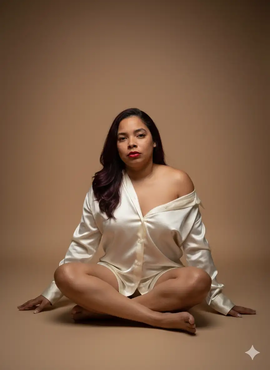 Crea una imagen 
​Es una mujer. 
Manten el rostro de la imagen adjuntada
Está mirando directamente a la cámara con una expresión seria y maquillada, destacando un labial rojo.
​Vestimenta: Viste una camisa de manga larga, de un color blanco cremoso o marfil, que parece ser de una tela satinada o sedosa. La camisa está desabrochada en la parte superior y se ha deslizado para dejar al descubierto sus hombros y escote, creando un estilo off-the-shoulder (con los hombros descubiertos). La camisa es larga, llegando aproximadamente a medio muslo, y parece estar usando solo eso.
​Pose: Está sentada con las piernas cruzadas de manera informal sobre el suelo, con sus brazos extendidos y apoyados ligeramente en el suelo a cada lado.
​Fondo e Iluminación: El fondo es de un tono neutro y cálido (beige/marrón claro) que complementa el color de su piel y de su ropa. La iluminación es dramática, con un foco principal que ilumina su rostro y la parte delantera de su cuerpo, dejando el fondo y los bordes con un tono más oscuro, creando un ambiente de estudio suave y cálido.
​Estilo: La foto tiene un estilo de retrato de estudio, elegante y con un toque de sensualidad