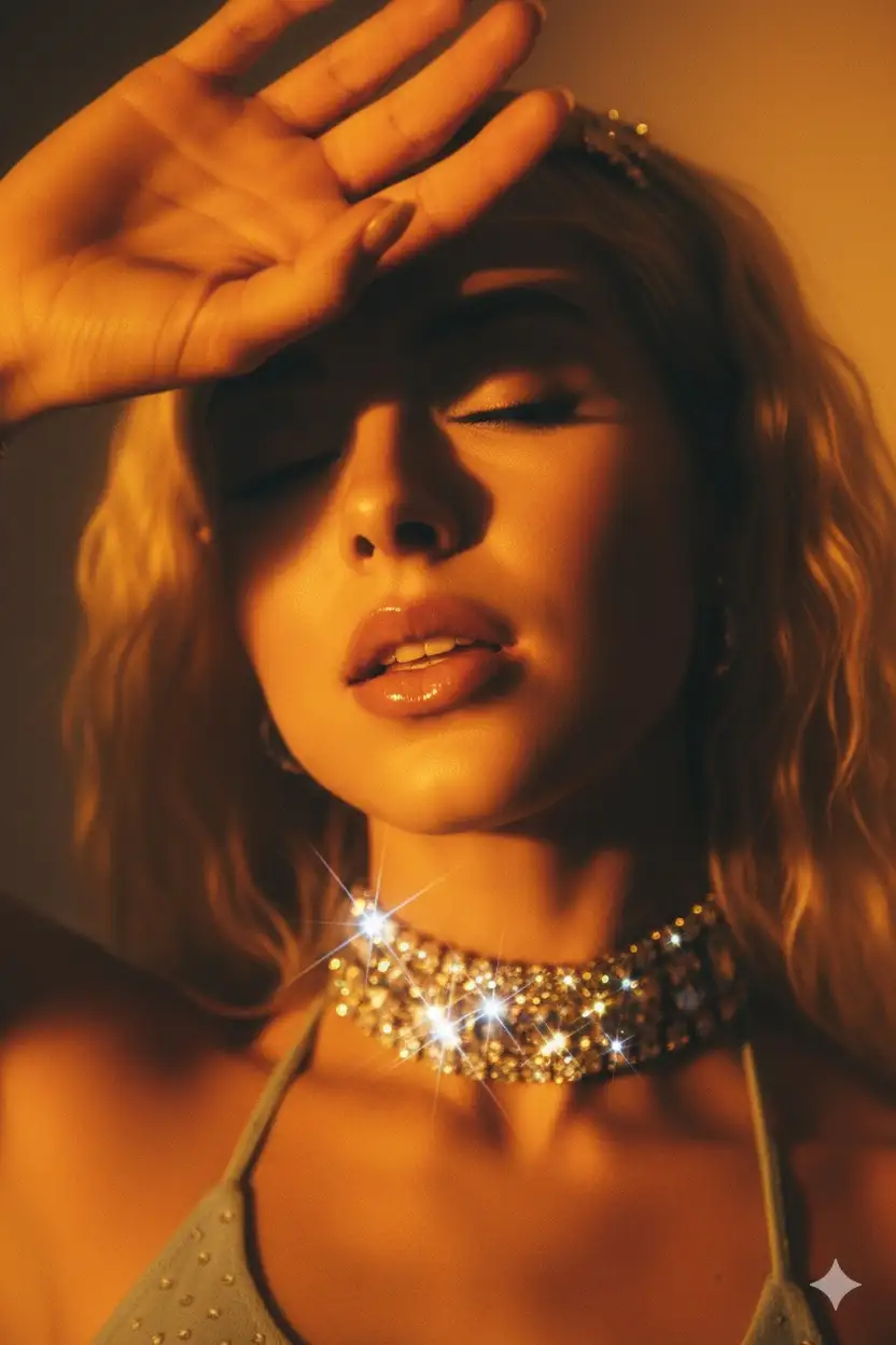 Take a close-up, glamorous portrait of a woman bathed in warm, golden-orange light. Her face is partially shadowed by her raised hand, casting a dramatic silhouette across her closed eyelids and forehead. Her lips are slightly parted, glossy and illuminated, reflecting the light with a soft, sensual sheen.

Around her neck, she wears a thick, sparkling choker made of clustered rhinestones or crystals, catching the light with prismatic flares and glittering reflections, adding a sense of opulence and nightlife glamour. The diamonds glint with star-like sparkles, emphasizing texture and shimmer.

The photo has a soft-focus, grainy magazine quality, with subtle blur and glowing highlights reminiscent of 90s–early 2000s editorial fashion photography. The atmosphere feels intimate, sultry, and cinematic—like a backstage shot from a fashion show or a club scene frozen in time.

The color palette mixes warm orange and amber tones on the skin with icy silver-blue sparkles from the choker, creating a bold visual contrast. Overall, the image radiates Y2K luxury, sensuality, and club-culture nostalgia, with a polished yet raw energy. Don’t change face features