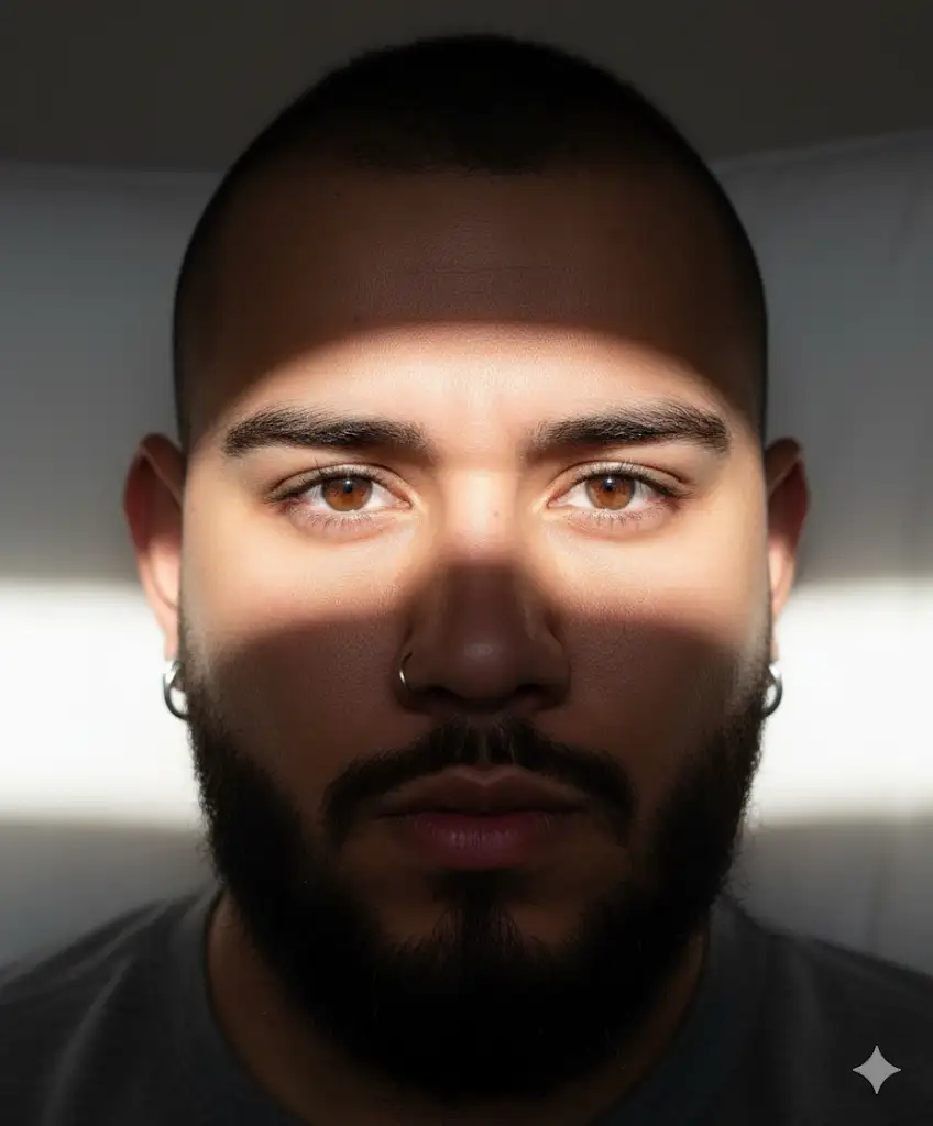 Generate a front close-up image of my face (using the attached image as a facial reference), with a neutral expression and brown eyes looking directly at the camera. The face is partially illuminated by a band of strong and straight sunlight that crosses the eyes and forehead, creating a dramatic contrast with the darker areas of the face and neck. The background is a white and soft surface, like a pillow, blurred. The image should capture the texture of the skin and the intensity of the look under the lighting