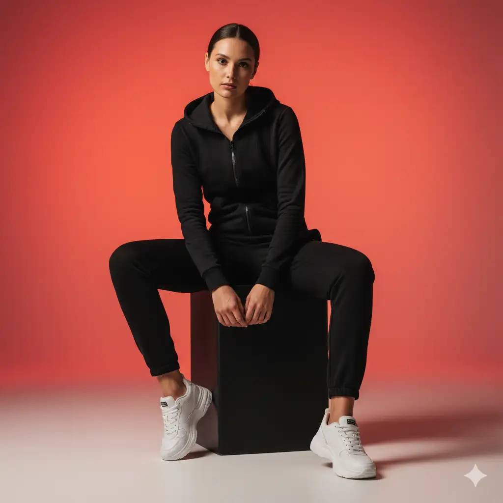 Pantalones deportivos y zapatillas "blancas". Mira directamente a la cámara. La iluminación, de estudio, crea sombras suaves. Mujer con chándal "negro". "Una mujer" está sentada sobre un cubo "negro", inclinada hacia la cámara, con la mirada al frente. El fondo presenta un vibrante degradado que se transforma en tonos "rojizos". Viste un chándal "negro" a juego y zapatillas "negro", mostrando una estética minimalista. La instrucción consiste en representar al sujeto con una iluminación de estudio, prestando atención a la textura de la ropa y la suave gradación del fondo, manteniendo también el contacto visual directo para un retrato atractivo.