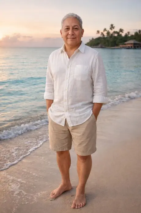 con mi foto Genera un retrato en ultra alta calidad, teniendo en cuenta que voy a subir una foto de referencia para sustituir al hombre de la imagen, respetando al 100% su fisionomía, rasgos y proporciones reales. 
Retrato hiperrealista del hombre de la foto adjunta, manteniendo sus rasgos faciales, proporciones y fisionomía natural, representado de pie sobre la arena de una playa al amanecer, con pies descalzos tocando suavemente la arena húmeda. Viste una camisa blanca de algodón ligera, con textura de lino visible, botones perfectamente definidos y costuras nítidas en el cuello, hombros y bolsillo frontal, con las mangas remangadas hasta el antebrazo. Lleva pantalones cortos color beige, de tela resistente, con pliegues naturales, costuras visibles y dobladillos perfectamente definidos.
El ambiente muestra un mar en calma con tonos turquesa y azul celeste, reflejando la luz cálida y difusa del amanecer sobre el agua y la arena. En el fondo se aprecia una isla tropical con vegetación exuberante y palmeras, así como una cabaña sobre pilotes, aportando profundidad a la escena.
La iluminación es suave y natural, proveniente del sol naciente, generando sombras delicadas y un tono cálido uniforme en la piel y la ropa, con reflejos sutiles sobre la arena y el agua.
El estilo general debe ser realista, cinematográfico IMAX hiperrealista, cuidando cada detalle de la vestimenta, textura de tela, proporciones del sujeto y composición de la escena, con colorimetría equilibrada, tonalidades cálidas y contraste natural entre el cielo, el mar y la figura del hombre, transmitiendo una sensación de serenidad y conexión con la