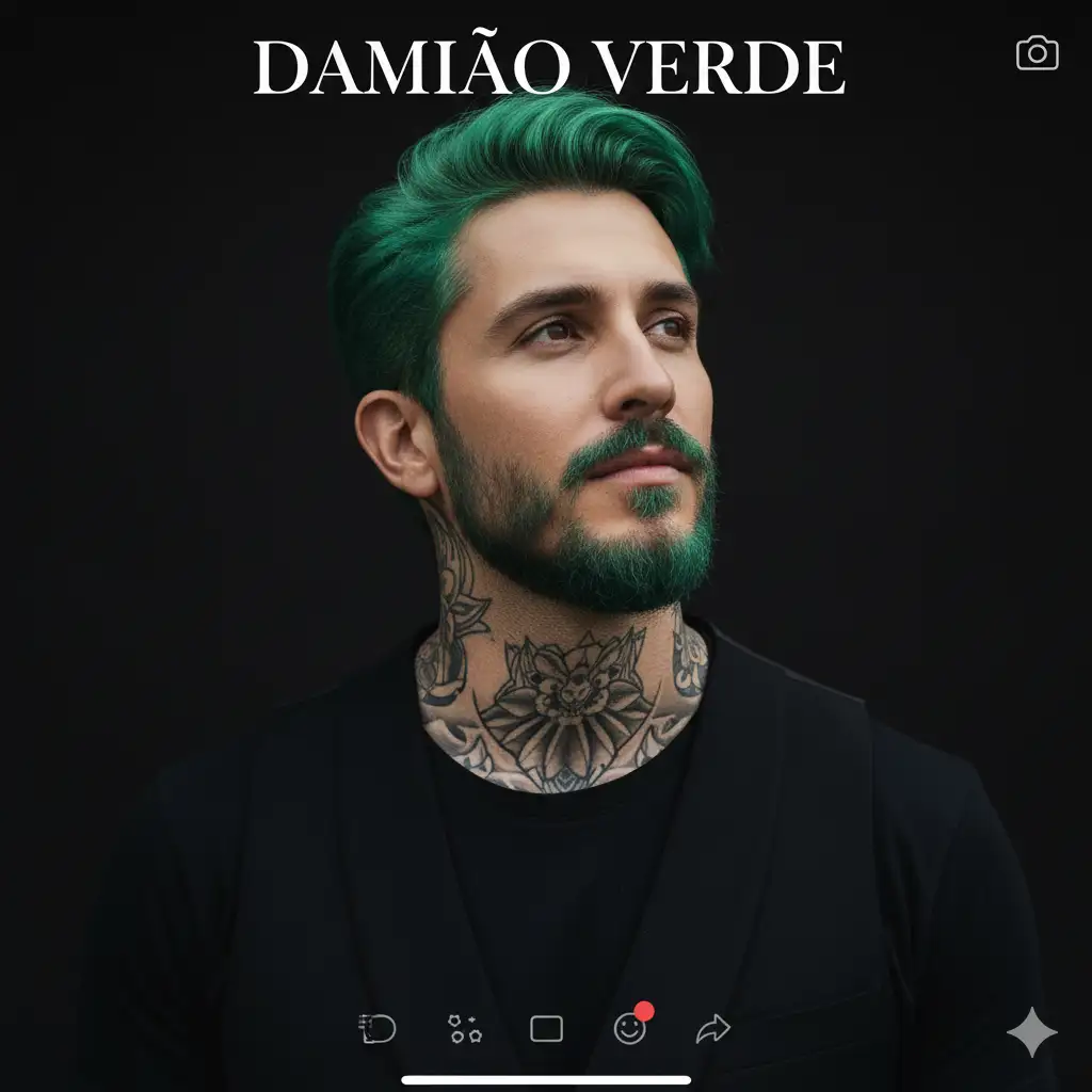 blurred, black background, close up of a man (use the uploaded picture as reference for the face) wearing a black shirt and black vest, with the text Damião Verde on top, This appears to be an editorial-style photo, posted on Snapchat in 2025. --chaos 25 --ar 71:128 --style raw --stylize 750 --v 6.1