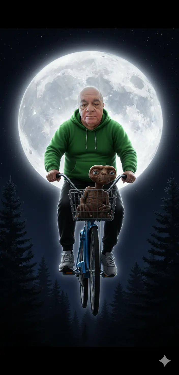 Crea una imagen impactante y estilizada con la descripción que hago a continuación: 
La imagen es una representación oscura, dramática de la famosa escena del vuelo en bicicleta de E.T., pero con un tema moderno.
Composición y tema
* Figuras centrales: Un hombre (foto 1) monta en bicicleta con el extraterrestre E.T. en la cesta delantera.
* El hombre tiene cabello que mi cabello canoso y escaso, viste una sudadera verde intenso y brillante con capucha, pantalones negros y zapatillas deportivas. Tiene una expresión seria y decidida, y mira al frente.
* E.T. es una figura más pequeña, claramente reconocible por su distintiva forma y textura de piel, y está sentada en la oscura cesta de alambre de la bicicleta.
* Acción: La bicicleta  está en el aire, una referencia directa al momento mágico de la película. 
Escenario y Ambiente
* Fondo: El elemento más destacado es una enorme y luminosa luna llena situada justo detrás del hombre y la bicicleta, creando un efecto de silueta clásico y proporcionando la principal fuente de luz.
* Primer Plano/Laterales: La escena se desarrolla al aire libre de noche. Pinos oscuros y sombríos, o árboles de hoja perenne similares, enmarcan la parte inferior y los laterales de la composición, sugiriendo un entorno de bosque.
* Iluminación: La iluminación es de alto contraste y dramática (claroscuro). Los sujetos están bien iluminados desde atrás por el blanco brillante de la luna, que resalta sus contornos (un efecto de luz de borde). El resto de la escena es muy oscuro, lo que refuerza la atmósfera nocturna y misteriosa.
Estilo
La imagen tiene una estética ilustrativa de alta calidad y ligeramente hiperrealista, sugiriendo arte digital o una composición fotográfica avanzada.
La imagen debe ser hiperrealista, cinematográfica, formato 9: 16 y caridad 8K.
Crea la imagen manteniendo totalmente íntegros todos los rasgos físicos, cabello y proporciones del rostro de la foto adjunta.