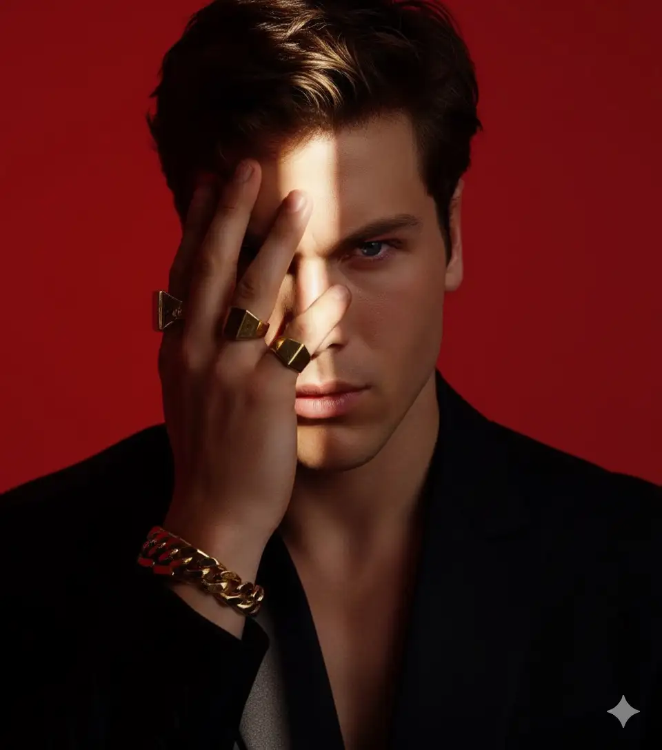 Take  high-fashion studio portrait of a young man with sharp features and flawless skin dressed in a sleek black suit against a vivid red background. He poses dramatically with one hand partially covering his face adorned with bold gold rings and a chunky gold bracelet. a narrow strip of warm light vertically sliced down the center of his face adding intense contrast and mystery. The lighting is cincematic and moody highlighting the contours of his face, and hand evoking a luxurious and enigmatic atmosphere. Don’t change face features
