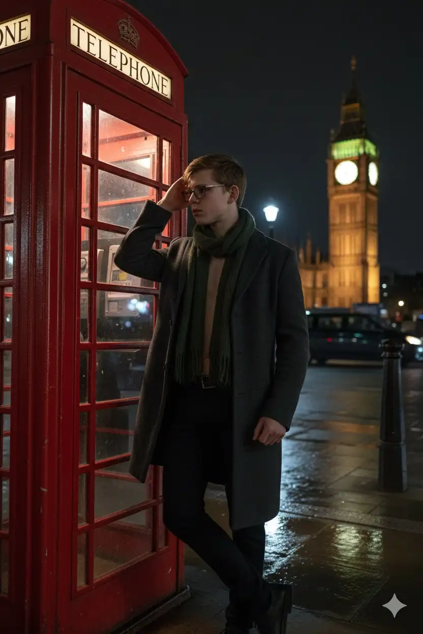 Hyperrealistic cinematic night photograph on a London street. Using the reference image as a STRICT AND NON-NEGOTIABLE source, preserve the EXACT likeness, facial structure, body proportions, and natural hair of the person.
The person stands beside a traditional red British telephone booth. They are in a spontaneous, contemplative pose: one hand is raised, touching their head or hair, their body is slightly turned towards the booth, and their gaze is directed away from the camera.
They wear dark, sober clothing: a long coat, black trousers, and a scarf that adds texture.
In the background, the illuminated clock face of Big Ben is visible in the upper right of the frame. The pavement is slightly wet, reflecting the ambient light. The scene is lit by a mix of light sources: the warm internal glow from the phone booth casts a soft red light on the person and the ground, while the cooler ambient light from streetlamps and Big Ben fills the rest of the scene.
The composition is a medium shot, slightly tilted upwards to include the tower. The background is softly blurred. The color palette is dominated by dark tones, deep reds, and cool highlights, creating an atmosphere of introspection, nostalgia, and urban solitude.
cinematic, hyperrealistic, 8k, night photography, London, Big Ben, telephone booth, melancholic, introspective, wet pavement, mixed lighting, film noir --v 6.0 --style raw