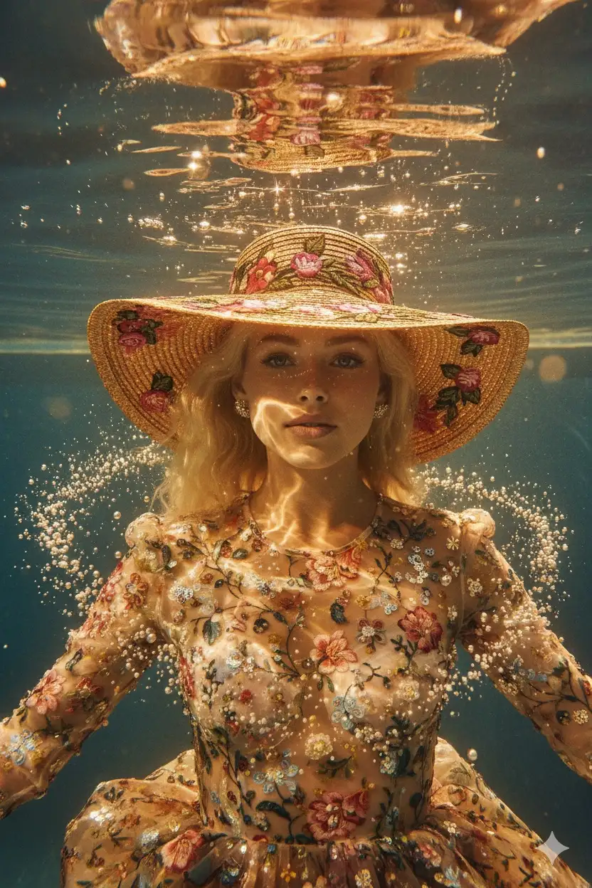 Underwater high-fashion editorial photograph of a woman floating serenely in a golden light. Her full face visible at mid-distance, wearing a wide-brimmed Gucci hat with detailed floral embroidery in pink, green and gold, the entire hat fully visible above the water, soft sun caustics shimmering across her calm expression and floral outfit, translucent fabric and sequins floating around her, delicate sparkles and colorful reflections dancing on the surface surreal cinematic elegance, rich warm underwater palette, soft bokeh, vintage kodak film grain dreamy composition