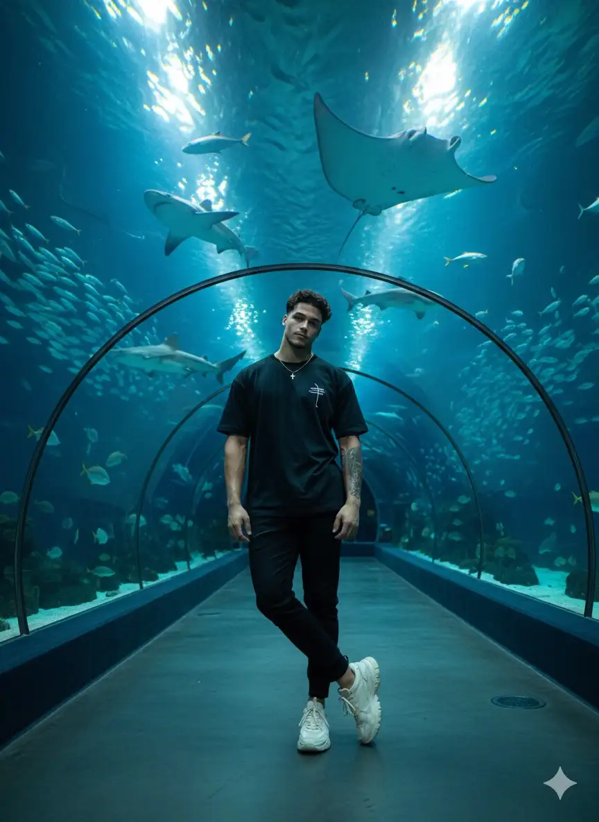 Hyperrealistic cinematic full-body portrait in a massive aquarium tunnel. Using the reference image as a STRICT AND NON-NEGOTIABLE source, preserve the EXACT likeness, facial structure, body proportions, and natural hair of the person.
The subject stands in a relaxed contrapposto pose, leaning their lower back against the immense curved acrylic glass of the tunnel. They wear a slightly oversized black short-sleeve t-shirt with a minimalist white graphic design, slim black jogger pants, and off-white bulky chunky sneakers.
The scene is illuminated almost exclusively by the serene blue glow of the aquarium water, casting dramatic, shifting light patterns that reflect on the person and the tunnel floor. The background is a vast, captivating backdrop of swimming sharks, manta rays, and shimmering schools of fish.
hyperrealistic, cinematic portrait, full-body shot, wide lens, underwater caustics, moody atmosphere, urban style, casual fashion, cinematic lighting --ar 2:3