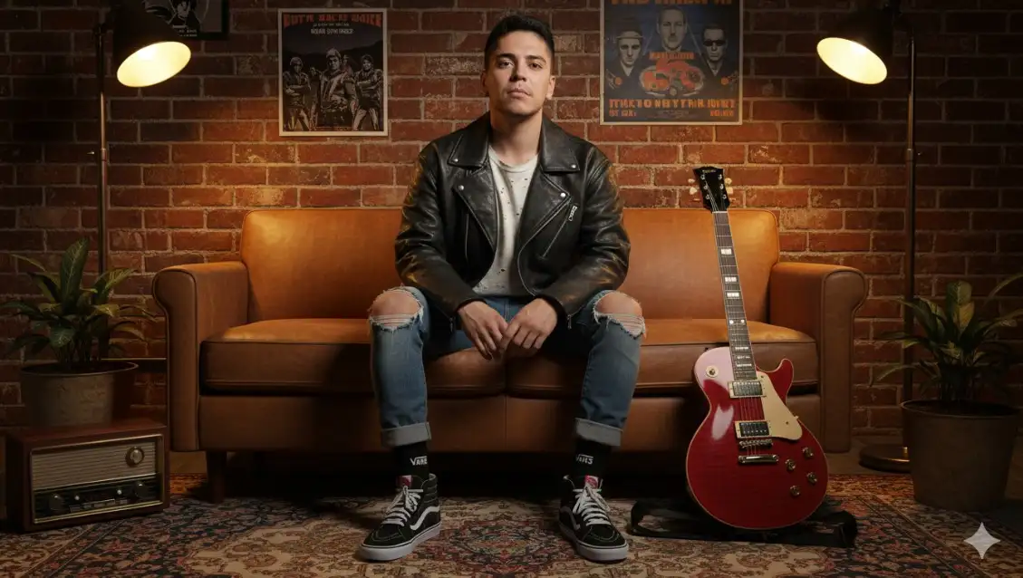 Crie uma fotografía ultra realista. Utilice una imagen de la persona como referencia sin alterar sus características faciales con un 100% fiel y preciso. Foto estilosa urbana en ambiente interno descolado, sollozando luz quente y suave. Ela usa jaqueta oversized de cuero preta, camiseta de algodão de gola arredondada branco encardido e detonada com alguns rasgados sutis, calça jeans rasgados, tênis vans oldskool preto de cano alto e meia preta com símbolo da Vans branco, ela está sentada casualmente en un sofá vintage de cuero cor de caramelo, cercada por objetos retro como luminárias industriales, radio vintage retro antiguo, una guitarra vermelha estilosa, plantas en vasos rústicos y carteles de bandas alternativas en paredes de tijolos expuestos. La iluminación es acogedora, con luz amarela focal en contraste con sombras profundas, creando un clima moderno e intimista, que mejora la actitud y la personalidad.