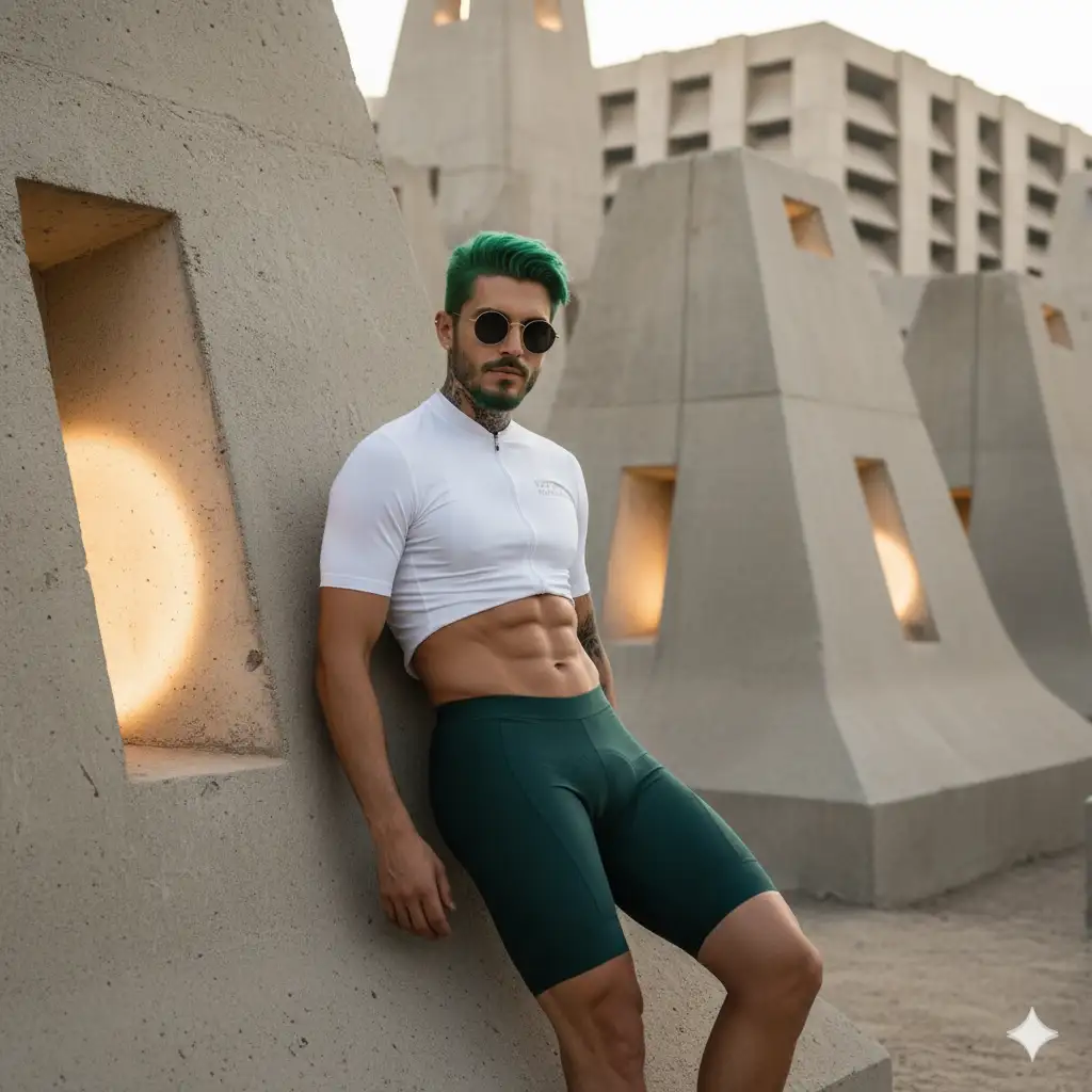 High fashion photo of a slim, small breast, flat chest, abs, young supermodel person (use the uploaded picture as reference for the face) with athletic and defined body, with short messy hair (with the same color of photo), white cycling jersey and dark-green-teal shorts, round Sunglasses, fashion/street_style_pose_, in the background Concrete avalanche protection barrier, lights Glowing light wells in massive concrete structures the model person is lighted with soft natural lighting in Mirage City