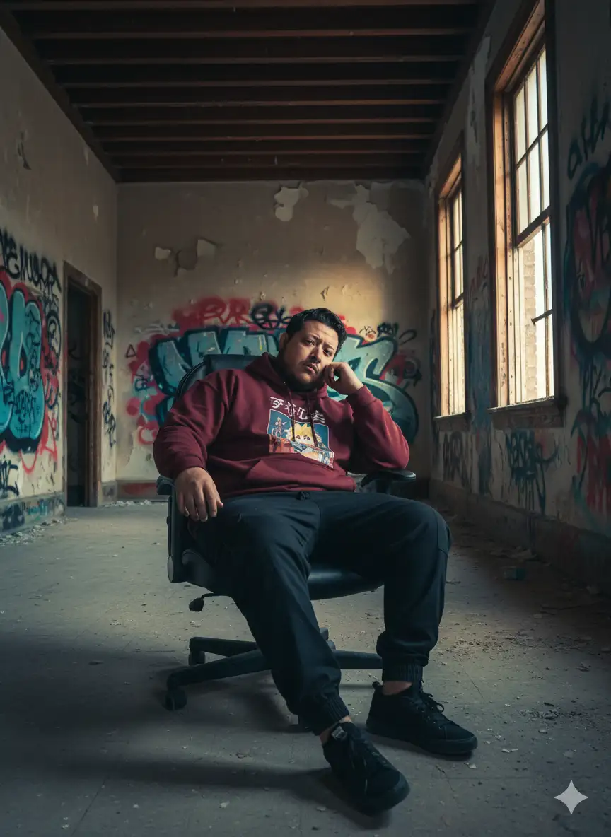Utiliza la foto como persona principal.

Respeta los rasgos de la persona y mantenlos en alta definicion.

Tipo de foto: profesional, artística, concepto urbano.

Luz: luz de sol de la mañana entra por unos ventanales grandes del lado derecho, haciendo que la aviación se ilumine con tonos cálidos, contrastando con los tonos fríos de las sombras.

Fondo: una casona abandonada de la década de los 40's en México. La casa está vandalizada en la paredes por grafitis, se puede ver el deterioro de la construcción por el paso de los años, la foto muestra un cuarto sucion con mucho polvo y techos altos con vigas de madera. Se puede ver en el fondo que el cuerdo es muy profundo.

Expresión: la persona ve fijamente a la cámara con una expresión desafiante y sería.
Pose: la persona principal está sentada en unu cilla de oficina tipo ejecutiva, inclinado hacia atras con una pose relajada, una de sus manos es dirigina hacia su mejilla la cual apolla en ella, mientras la otra permanece postrada en el descansa brazos de la cilla. Mientras que uno de sus pies se pone sobre la cilla mientras que el otro se mantiene firme en el suelo.

Ropa: la persona principal viste una sudadera color vino olgada talla 2xl

En la que se puede apreciar un estampado de letras japonesas y la imagen de un anime, pantalón olgado con bolsillos grandes en los costados de color negro, el pantalón termina un poco apretado en la zona de los talones a consecuencia de un elástico, trae puesto unos tenis negros con detalles blancos.

Foto artística, retrato, 30mm.

8k