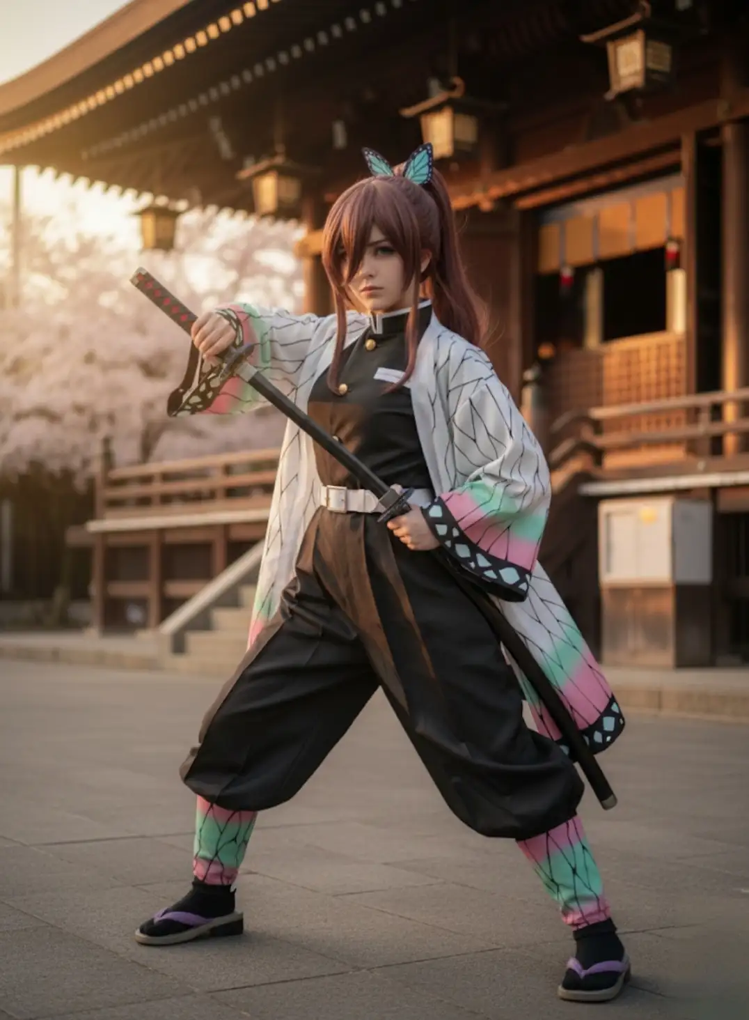 Transforma la imagen en una persona real haciendo cosplay del personaje, recreando una escena del anime (puede tener arma o accesorio), pose dramática, iluminación del entorno acorde, fondo inspirado en la serie (como un templo, aula o paisaje), realismo cinematográfico y expresión emocional.