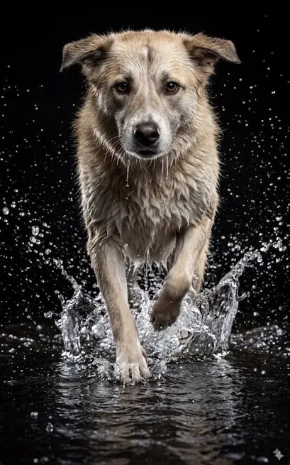 con mi foto crea una Fotografía de acción ultrarrealista de un perro corriendo hacia la cámara a través de aguas poco profundas, potente salpicadura congelada en movimiento, fondo negro, fotografía de alta velocidad, iluminación de estudio, enfoque nítido, pelaje mojado detallado, gotas suspendidas en el aire, contraste dramático, composición centrada, vista frontal, fotografía profesional de vida silvestre, lente de 85 mm, f/2.8, alta velocidad de obturación, cinematográfica, 8k, fotorrealista. en formato 9:16