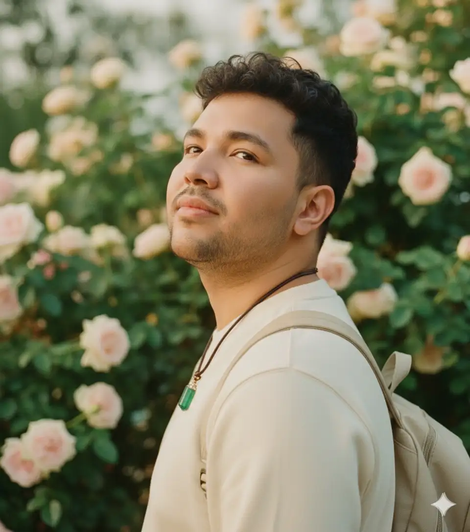 Crea un retrato cinematográfico y onírico, con una sudadera color crema y una mochila ligera. Se le ve ligeramente de espaldas, mirando hacia arriba con una expresión suave y reflexiva. El fondo florece con exuberante follaje verde y rosas pastel, suavemente difuminadas para crear profundidad. La iluminación es cálida y natural, con un resplandor dorado y tonos pastel que proyectan delicadas sombras en su rostro. La atmósfera es tierna, juvenil y poética, evocando un editorial de una revista de moda coreana, con un grano de película suave y una atmósfera etérea. Relación de aspecto 4:3, alta resolución cinematográfica pero íntima.