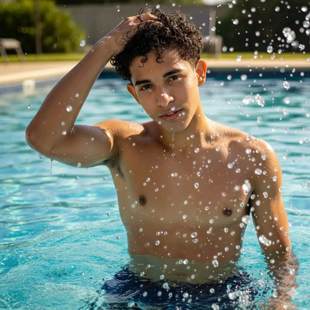 Un retrato fotorrealista de un joven de estilo de vida veraniego (usa la foto de referencia subida para ver el rostro, el peinado, la piel, exactos). Aparece en plena acción en una piscina de aguas cristalinas, mirando a la cámara con una mirada juguetona y segura de sí misma mientras se pasa una mano por el pelo mojado. Las dinámicas salpicaduras de agua se congelan en el aire, brillando bajo la dorada luz del sol. Mantén su encanto juvenil natural, su piel fresca y su aire deportivo adolescente, acordes con la foto de referencia.