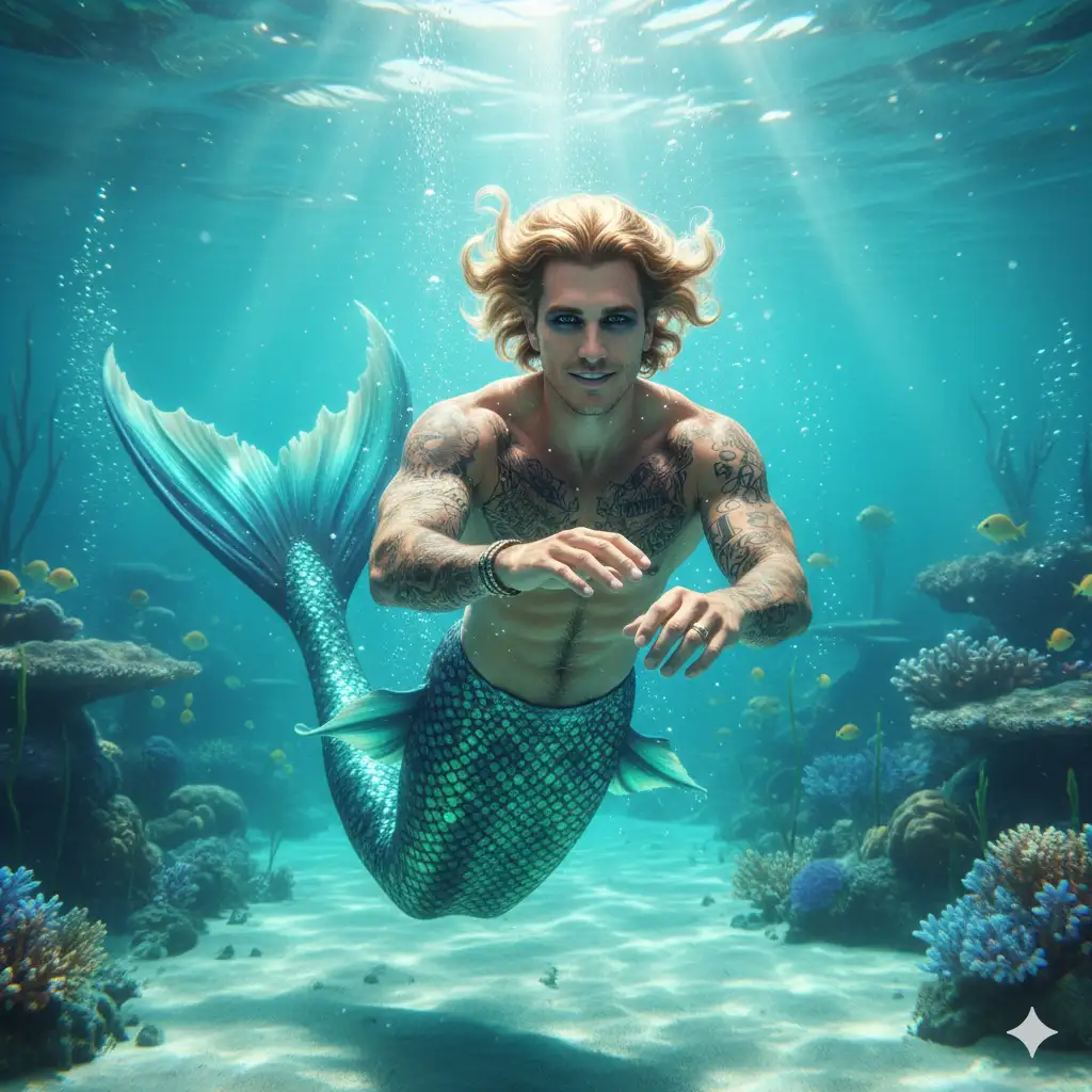 In a hyper-realistic underwater fantasy style, a beautiful blonde merman (use the uploaded picture as reference for the face) gracefully swims through crystal-clear turquoise waters. He has flowing wavy hair, an intense gaze with subtle makeup, with a tattooed muscular naked torso and wearing a sparkling green-teal iridescent tail, arms extended forward. Sunlight rays beam down from the rippling surface, creating dancing light patterns and gentle bubbles. He swims smoothly towards the camera, tail undulating gently, hair and bubbles trailing behind. The scene evokes a serene, enchanting atmosphere. Captured in a static underwater shot with a slow, stable zoom-in.