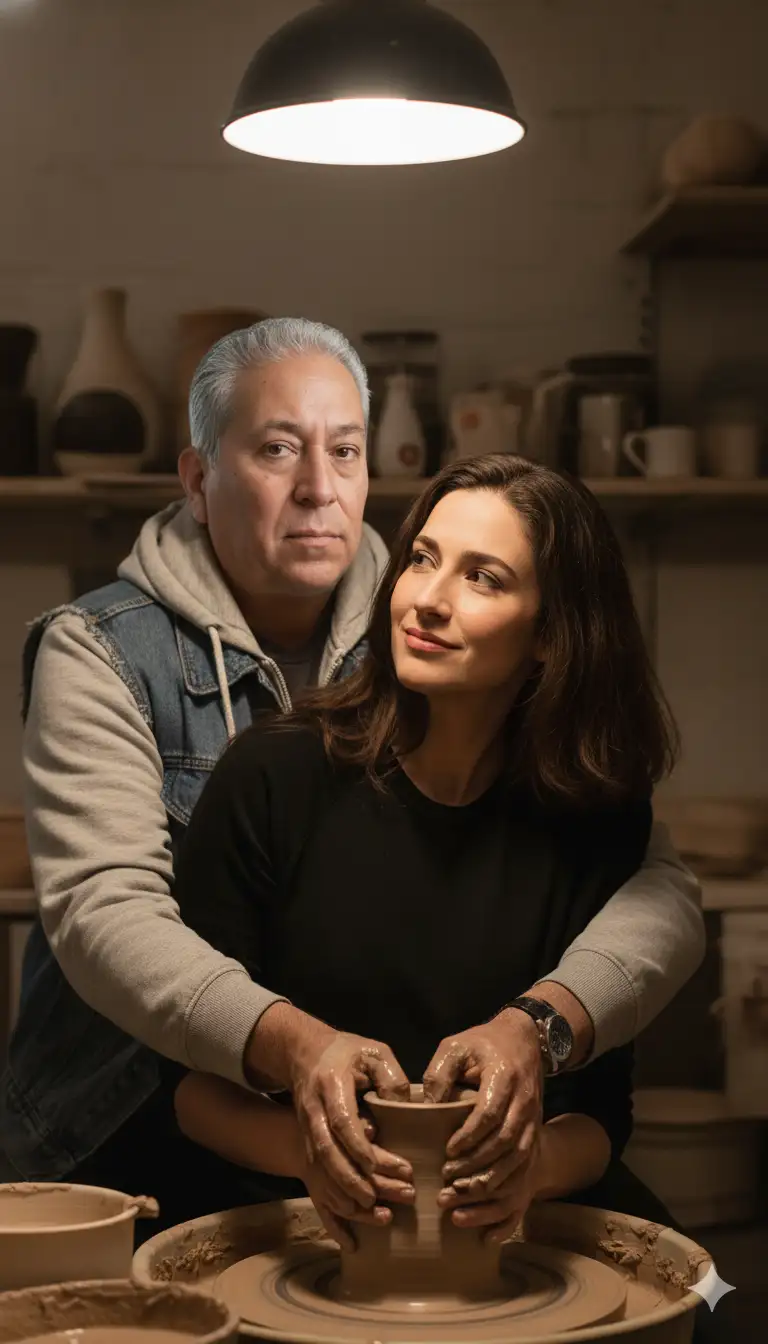 Crea una foto ultrarrealista del hombre de la imagen enviada. [El hombre lleva la ropa y razgos faciales idénticos sin cambiar nada de lanimagen numero uno adjunto], una escena cinematográfica de alta calidad, una escena de cerámica de la película 'Ghost'. Tiene una expresión de concentración y serenidad. Abraza a la mujer por detrás, igual que en la escena de la película 'Ghost'". Sus brazos la rodean, guiando suavemente sus manos, que se encuentran en la arcilla del torno. La mujer mira al hombre con una expresión tierna. La escena se desarrolla en un íntimo taller de cerámica, con una iluminación suave y cálida proveniente de una lámpara suspendida directamente sobre el torno. La luz crea un dramático contraste de luces y sombras, resaltando la textura de la arcilla y los detalles de los rostros y las manos. Ambas manos y brazos están cubiertos de arcilla. La mujer de la imagen lleva la vestimenta igual que la imagen adjunta. El estilo de la imagen es ultrarrealista, con énfasis en detalles nítidos, texturas auténticas y una profundidad de campo que sumerge al espectador en la intimidad de la escena. no altere el rostro de la persona presentación de ninguna manera".
