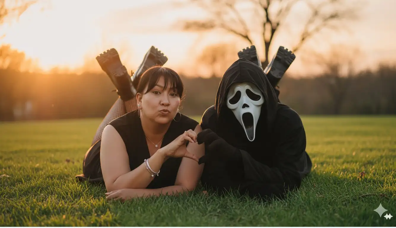 Crea una foto de una pareja joven posando recostados boca abajo sobre la hierba en un entorno al aire libre, posiblemente al atardecer dado el tono cálido de la luz. Sujetos y Vestimenta La mujer se encuentra a la izquierda. Tiene el cabello largo, rubio o castaño claro con mechas, y está mirando directamente a la cámara con una expresión de puchero juguetón. Viste ropa oscura, que incluye una blusa negra, medias de rejilla y botas de plataforma negras y gruesas. Está haciendo un gesto con las manos que parece ser medio corazón. La persona a la derecha lleva un disfraz de Ghostface, el personaje de la franquicia de películas de terror Scream. Viste una sudadera con capucha negra y la famosa máscara blanca y negra del personaje. También está recostado boca abajo y tiene las mismas botas de plataforma negras y gruesas que la mujer. Ambos tienen las piernas levantadas con las suelas de las botas mirando hacia el cielo, un elemento de pose simétrica y llamativa. Entorno y Ambiente Están acostados sobre césped verde y bien cuidado. El fondo está ligeramente desenfocado, mostrando árboles desnudos o con follaje escaso en la distancia y un cielo que parece estar teñido con los colores cálidos de la puesta de sol, lo que le da a la foto una luz dorada y suave. La iluminación es excelente, destacando a los sujetos contra el fondo. No cambies los rasgos de la mujer.