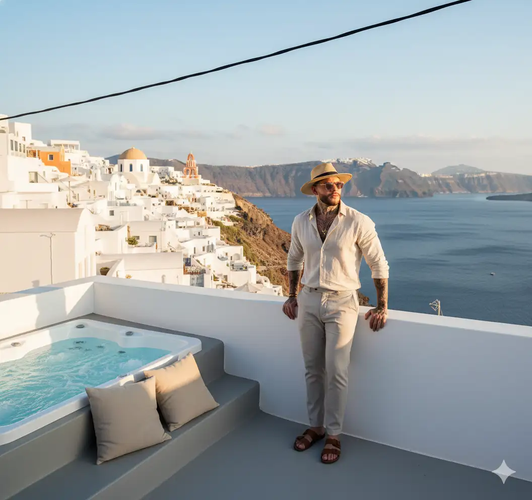 Ultra-realistic cinematic photography of an elegant man standing on a white terrace in Santorini, Greece, with a stunning coastal landscape in the background.
The man stands facing the camera near the white terrace wall, facing the horizon, in a relaxed and contemplative pose, with his hands resting lightly on the wall.
He wears elegant, modern clothing inspired by modern Greek culture—a light linen shirt (white or beige) slightly open at the collar, tailored linen trousers in neutral tones, and comfortable leather sandals or espadrilles. Accessories may include a braided bracelet, sunglasses, or a straw hat, matching the Mediterranean aesthetic.
The terrace features plain white walls, a light gray floor, a rectangular jacuzzi with gray sides and a white interior, filled with clear, bubbling water, and two large beige cushions beside it. The background reveals a picturesque Greek village with white and beige cubic houses, a church with white domes and an orange-gold bell tower, and a mountain range to the right. The Aegean Sea shimmers on the horizon under a clear blue sky with a few wispy clouds.
A black electrical wire crosses the upper part of the image.
Lighting: Soft, warm, and bright natural light, evoking early morning or late afternoon.
Camera angle: Medium-wide shot, at eye level, slightly tilted to include both the man and the panoramic view.
Style: Ultra-realistic, cinematic, Mediterranean elegance, high dynamic range, sharp focus, natural tones, serene and sophisticated atmosphere.