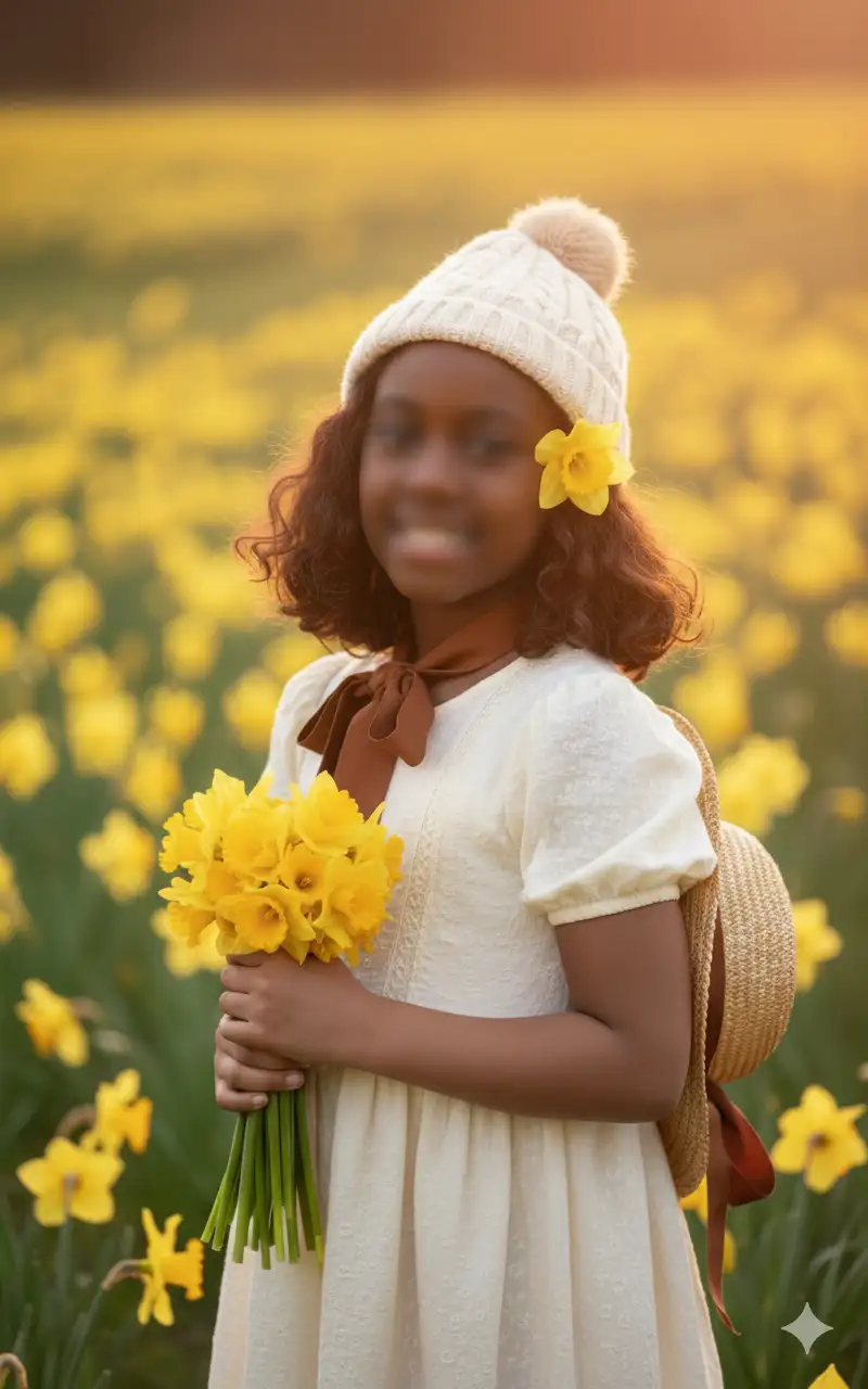 Retrato de una niña SONRIENDO de entre 7 y 10 años, de cintura para arriba y a la altura de los ojos, con cabello NEGRO ondulado hasta los hombros, de pie en un campo de narcisos amarillos. Lleva un vestido color crema claro con mangas abullonadas y corpiño texturizado, y una cinta marrón atada al cuello. Un sombrero de paja con una cinta marrón cuelga de su espalda, sujeto por la cinta del cuello. Un narciso amarillo está escondido en su cabello, sobre su oreja izquierda. Sostiene un pequeño ramo de narcisos amarillos en sus brazos, mirando directamente al espectador con una expresión seria o pensativa. El fondo es un campo verde desenfocado con narcisos amarillos dispersos, y un cálido resplandor naranja en el lado derecho, que sugiere la luz del atardecer o de la mañana. Estrictamente prohibido modificar el rostro y los rasgos faciales.