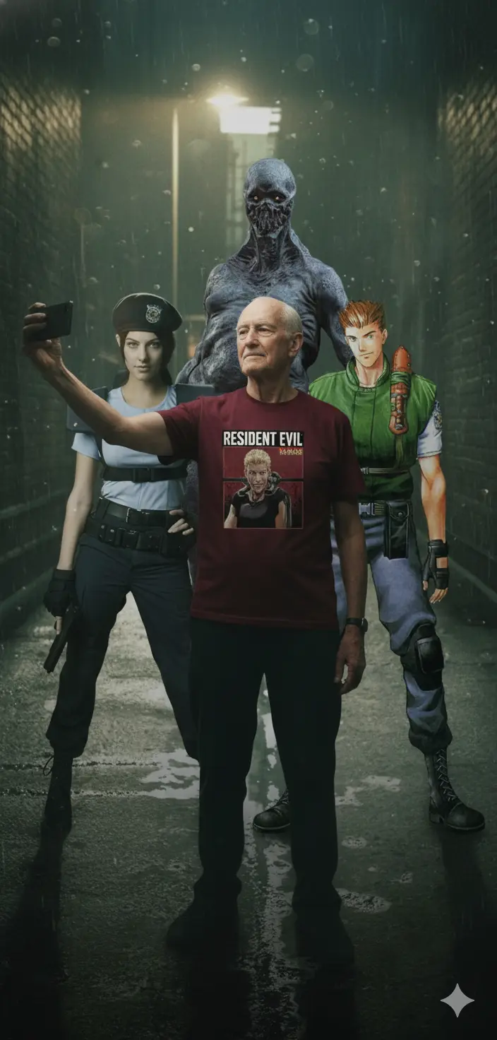 La imagen muestra una composición dinámica, centrada en un hombre adulto mayor (imagen 1) qué está usando una camiseta de color que tiene estampado la imagen 2 se. Parece estar tomándose una selfie.
Detrás de él se encuentran tres personajes (imágenes 3, 4 y 5) del videojuego resident evil para PlayStation, a derecha y izquierda están los personajes con características humanas y detrás del hombre está el personaje monstruoso.
El fondo sugiere un oscuro callejón iluminado difusamente por luces que provienen de alguna ventana, al fondo y algo desenfocado se alcanza a ver un poste de luz. La iluminación es un poco tenue, creando un ambiente algo sombrío.
La imagen debe ser foto realista, cinematográfica, formato 9: 16, VERTICAL, 8K.
Crea la imagen manteniendo completamente íntegros todos los rasgos físicos y corporales del rostro de la foto adjunta.